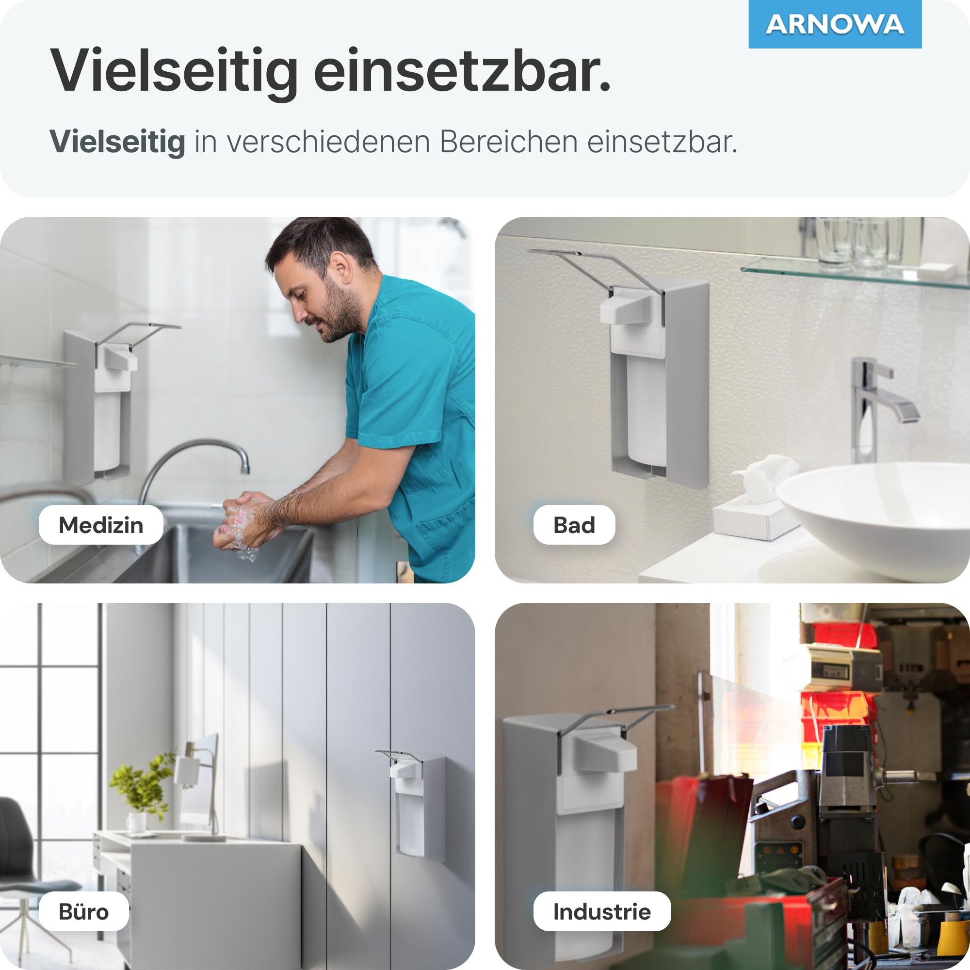 1x ARNOMED Desinfektionsspender Aluminium, Seifenspender für 500ml, kurzer Armhebel, Seifenspender zur Wandbefestigung, Eurospender für Desinfektionsmittel, Soap Dispenser, Desinfektionsmittelspender