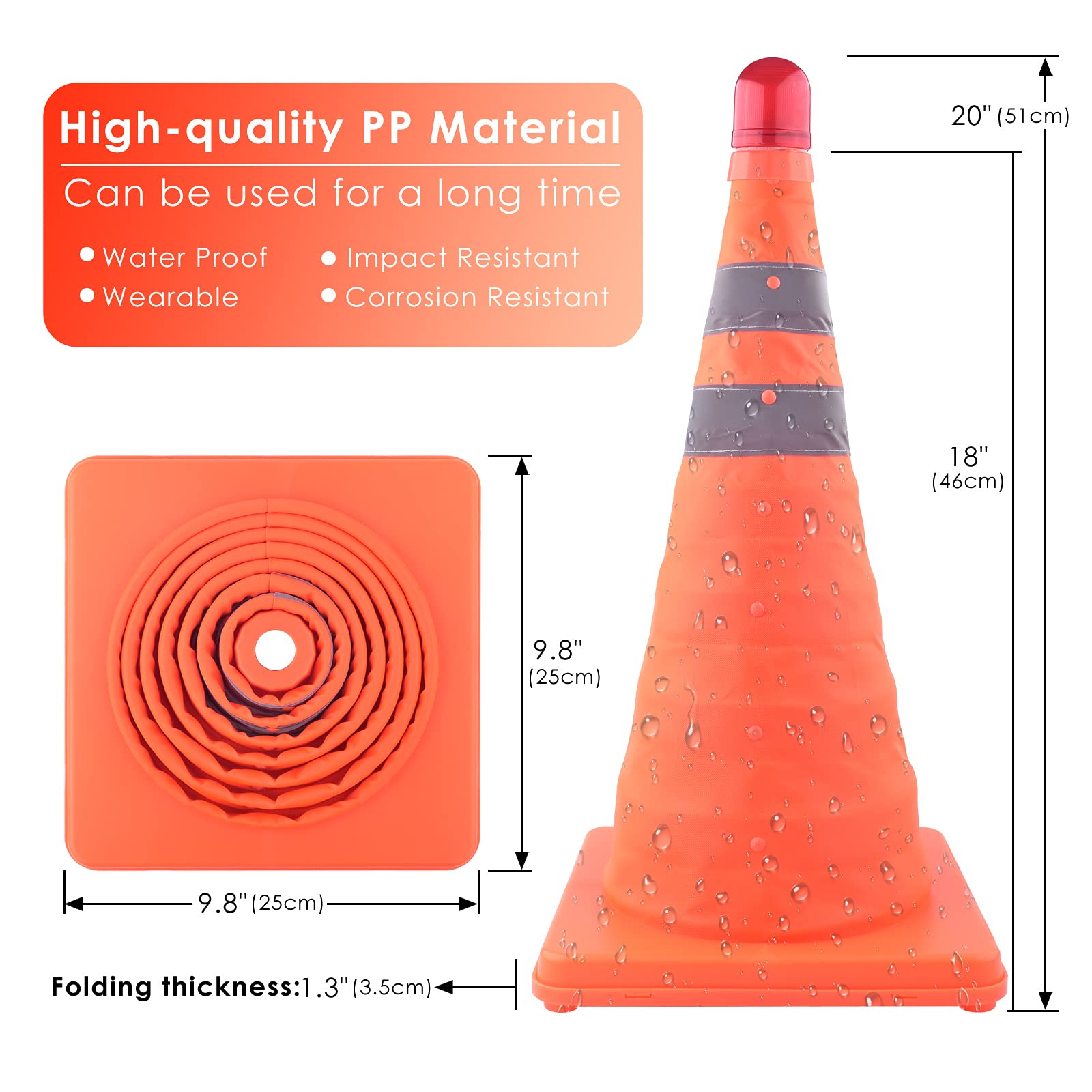 ERKOON 4 conos de tráfico plegables de 45,7 cm con 4 luces rojas intermitentes de PVC de seguridad para carretera de aparcamiento naranja fluorescente, conos de seguridad reflectantes