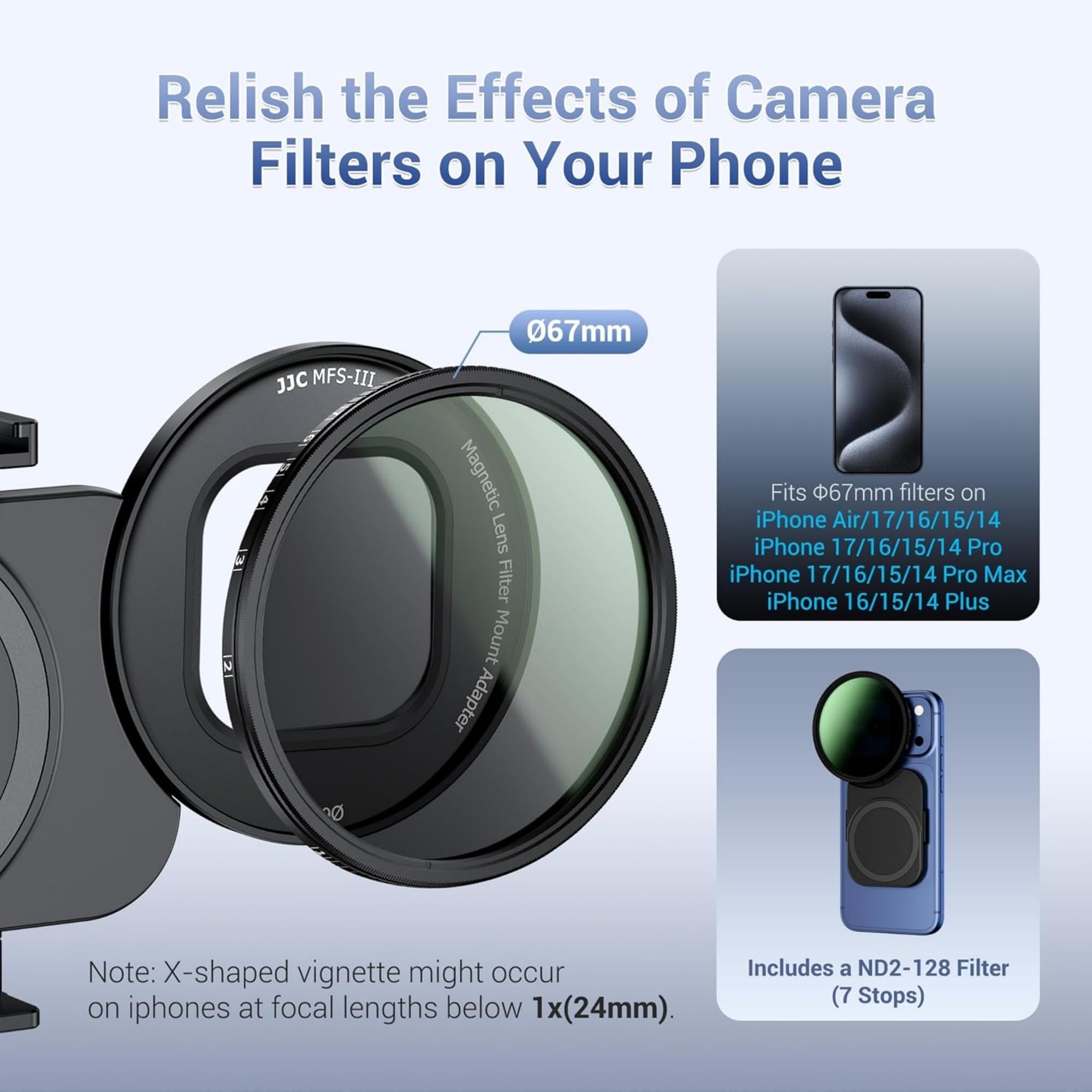 Filtro ND aggiornato da 67 mm per iPhone 17, adattatore magnetico per filtro obiettivo con filtro ND variabile ND2-128 per iPhone 17 16 15 14 Pro Pro Max Plus, supporto per filtro obiettivo del
