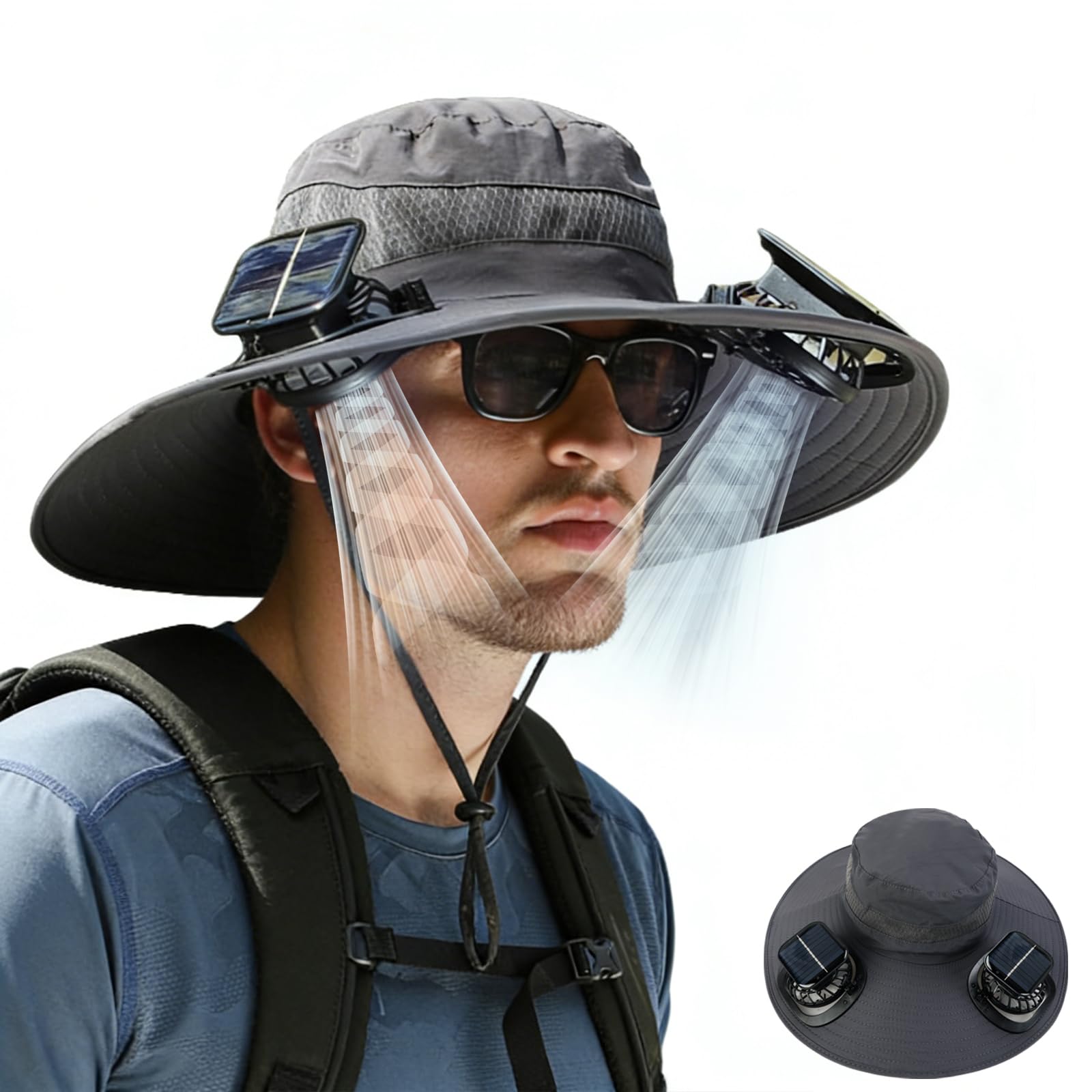 Solar Fan Hat with Dual Fans for Head & Neck, USB & Solar Powered, Wide Brim Solar Fan Outdoor Fishing Hat, Sun Hat for Men Women Outdoor Summer Grey