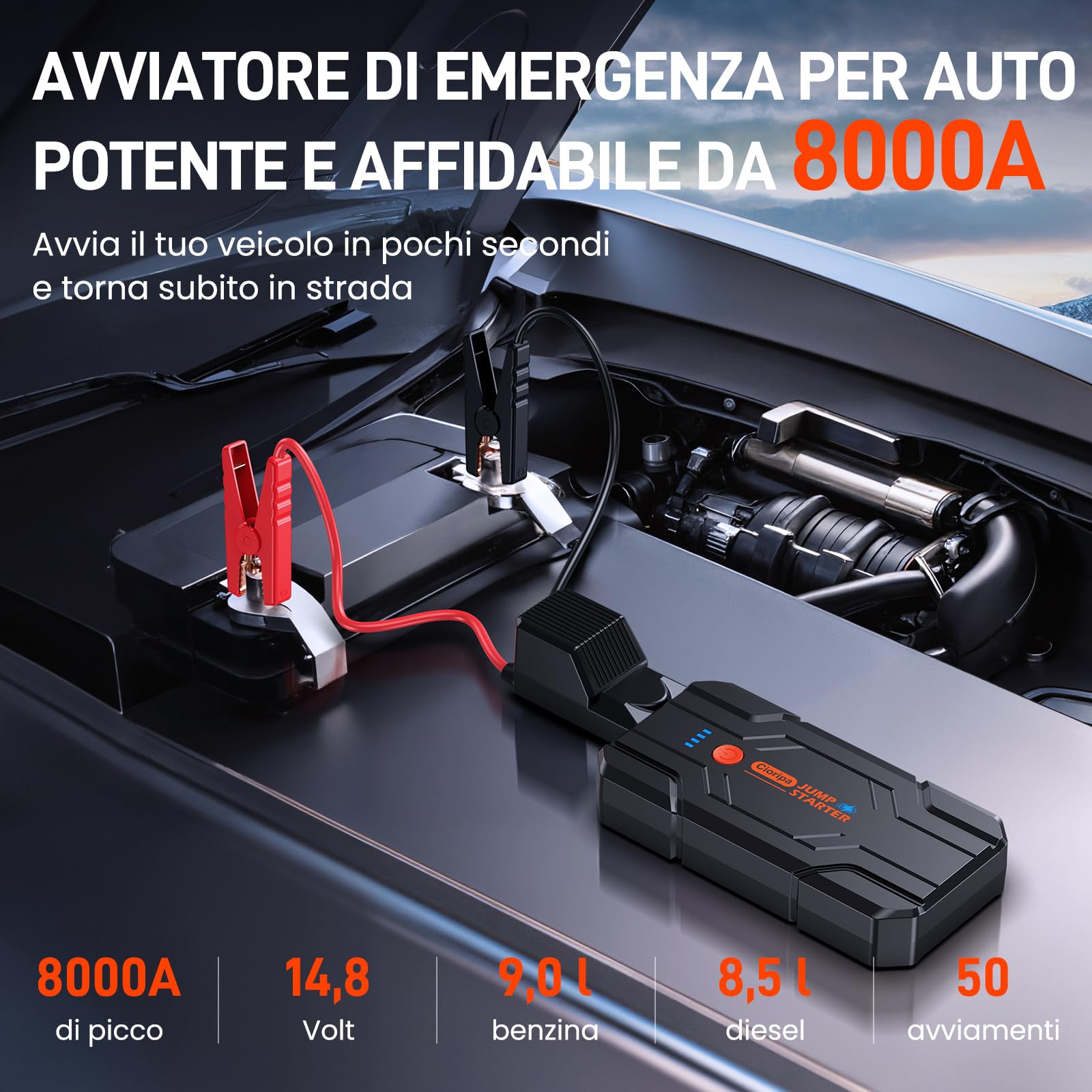 Booster Avviamento Auto 8000A - 14.8V Avviatore Batteria Auto 59.2Wh per Auto per Motori 9.0L Benzina e 8.5L Diesel, LED Avviatore di Emergenza per Auto con cavo di sicurezza