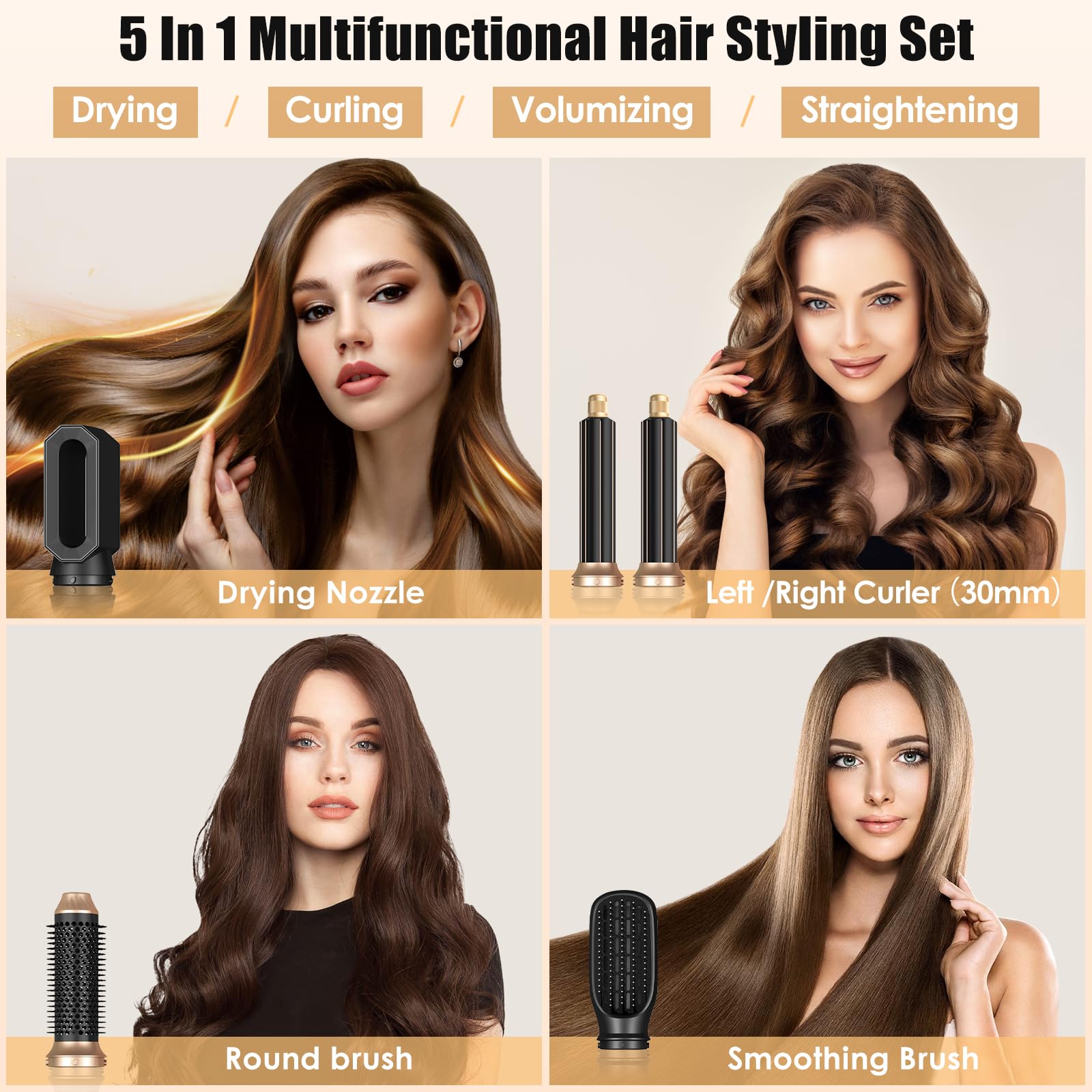 Cepillo Secador de Pelo 5 en 1 1000W Air Styler Multifunción con Ionizador, 3 Temperaturas, Alisa y Seca