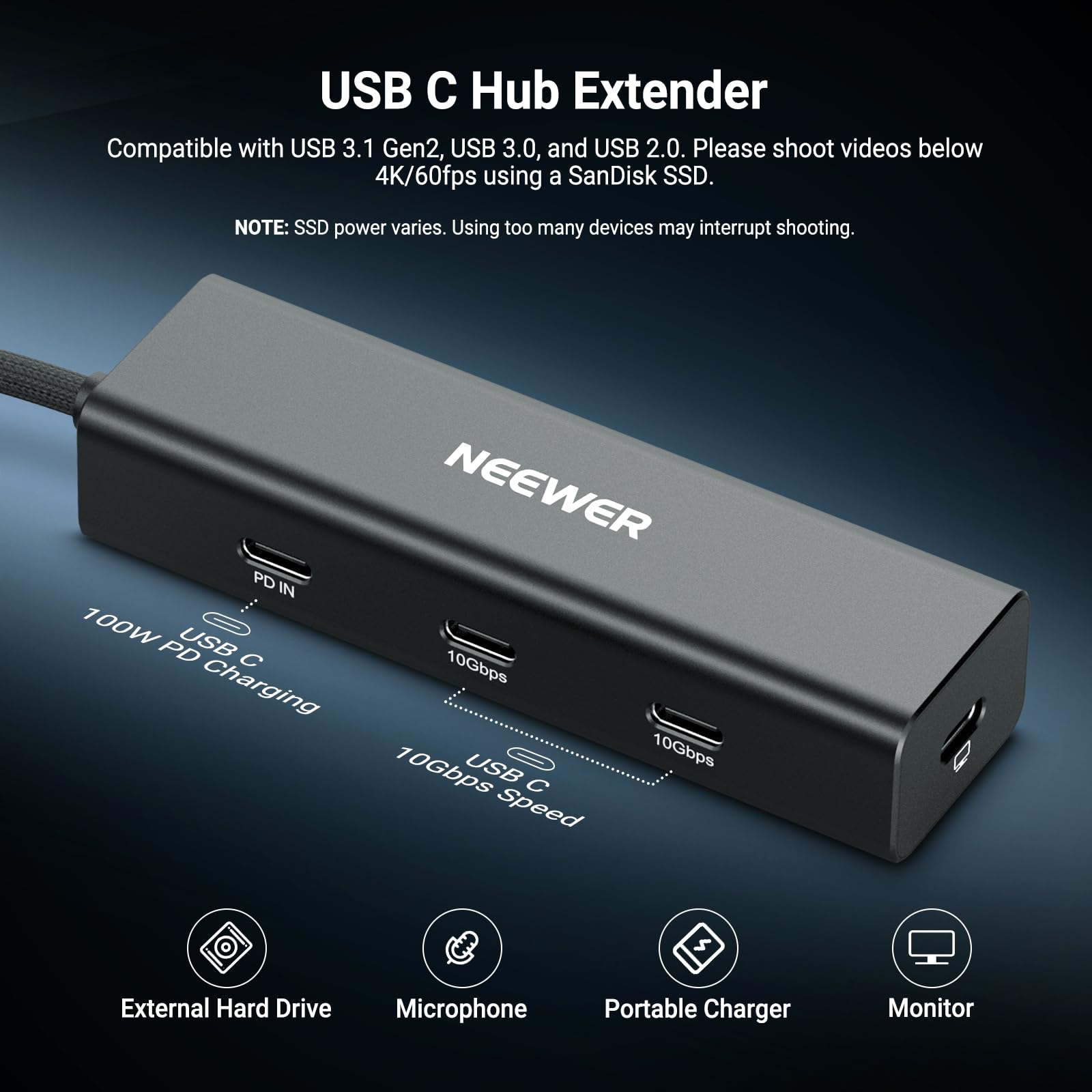NEEWER Hub USB C Dock z mocowaniem Cold Shoe Mount, 4 w 1 USB 3.1 Gen2 Extender Multiport Adapter Dongle, ładowanie 100 W PD, 10 Gbit/s, 4K 60 Hz, kompatybilny z iPhone, iPad Mac Android, laptopami