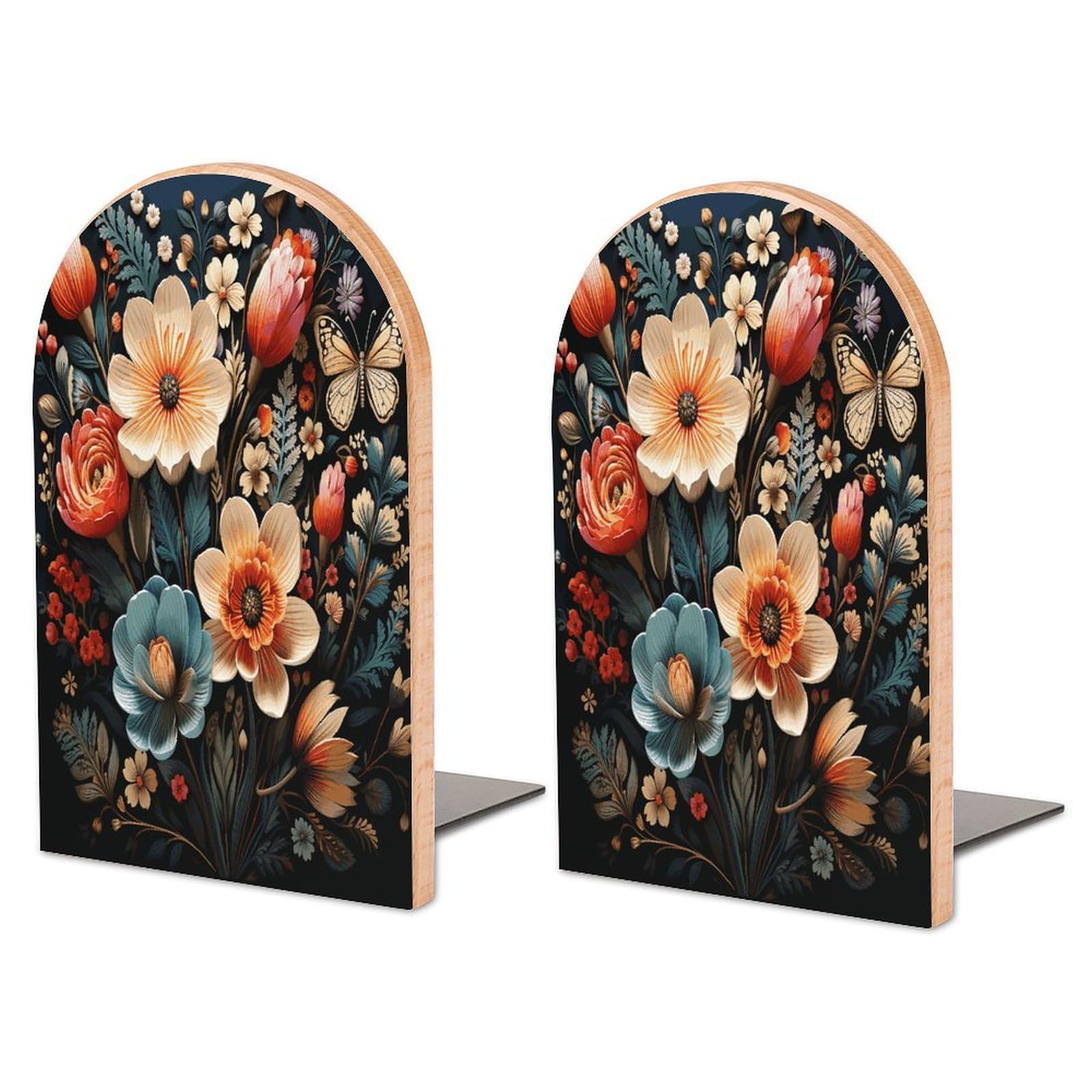 Floral Pattern Wood Bookend for Shelves 1 Pair
