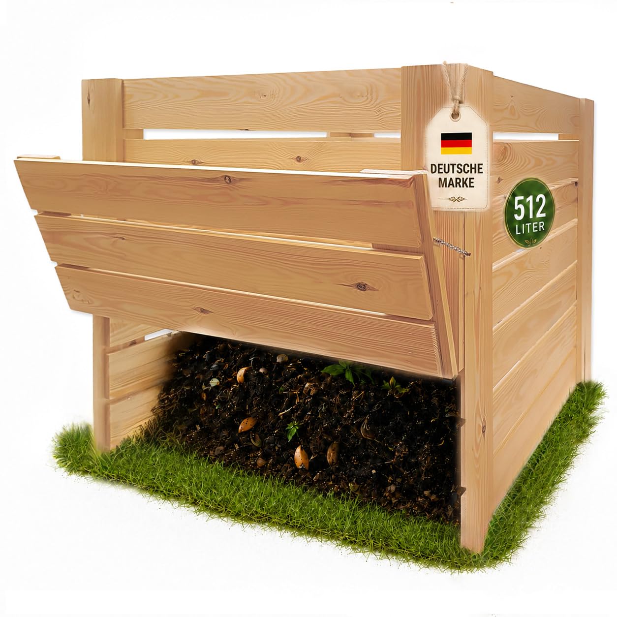 VELORA H&L Gartenkomposter 512 L - Komposter aus Naturholz mit Entnahmeklappe unten, Kompostbehälter für Garten- und Küchenabfälle