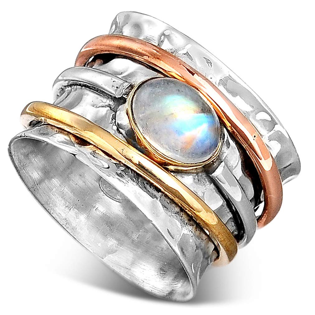 Boho-Magic 925 Sterling Silver Spinner Moonstone Ring for Women with Copper and Brass Fidget Rings Bands