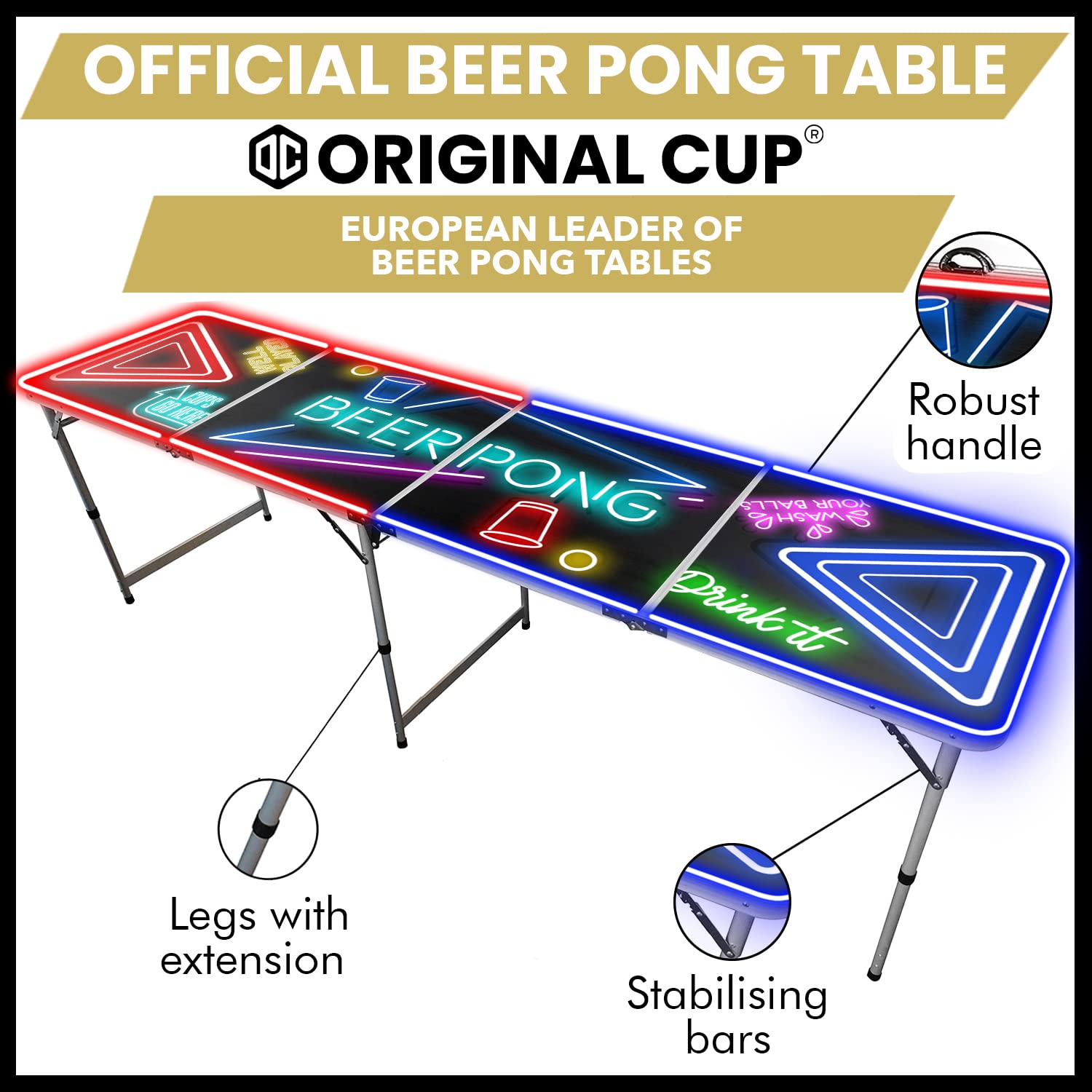 Tavolo da Beer Pong® Ufficiale con Luce a LED | Spotlight | Birra Pong | Taglie Ufficiali della Competizione | Gioco Serale e aperitivo | Gioco da Bere | OriginalCup®