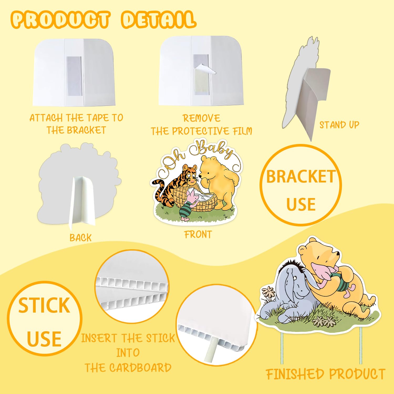 4-Piece Classic Winnie Baby Shower Decorations, Large Bear Cutouts Signs with Stakes, Outdoor Lawn Party Decor, Party Decoration Signs for Yard Home Lawn Patio Garden