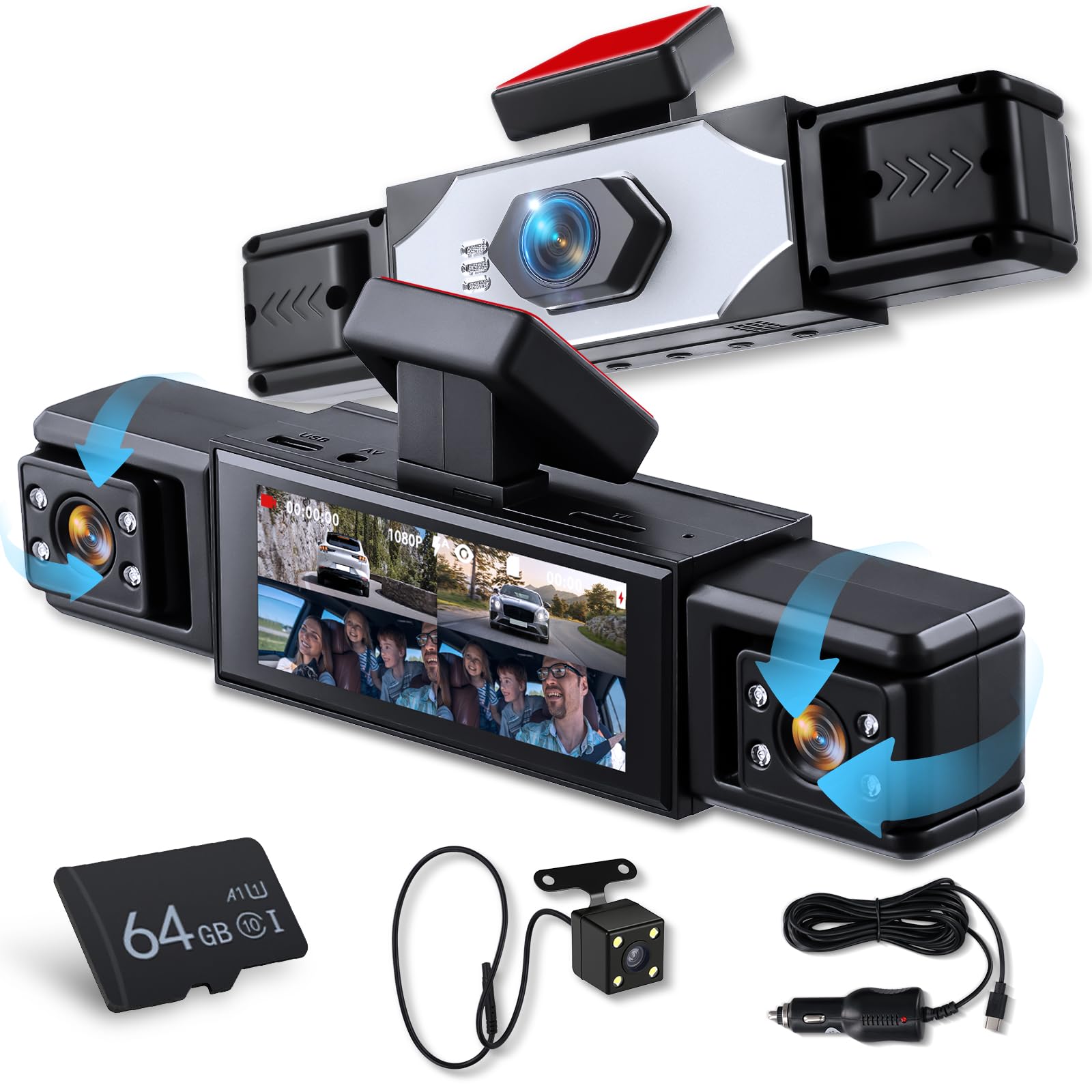 Hodozzy Cámara para Salpicadero 4 Canales, Pantalla 3,16 Pulgadas, 4 Cámaras Delantera, Trasera, Interior para Coche con Grabación en Bucle, Visión Nocturna Sensor G Modo Aparcamiento Tarjeta TF 64 G