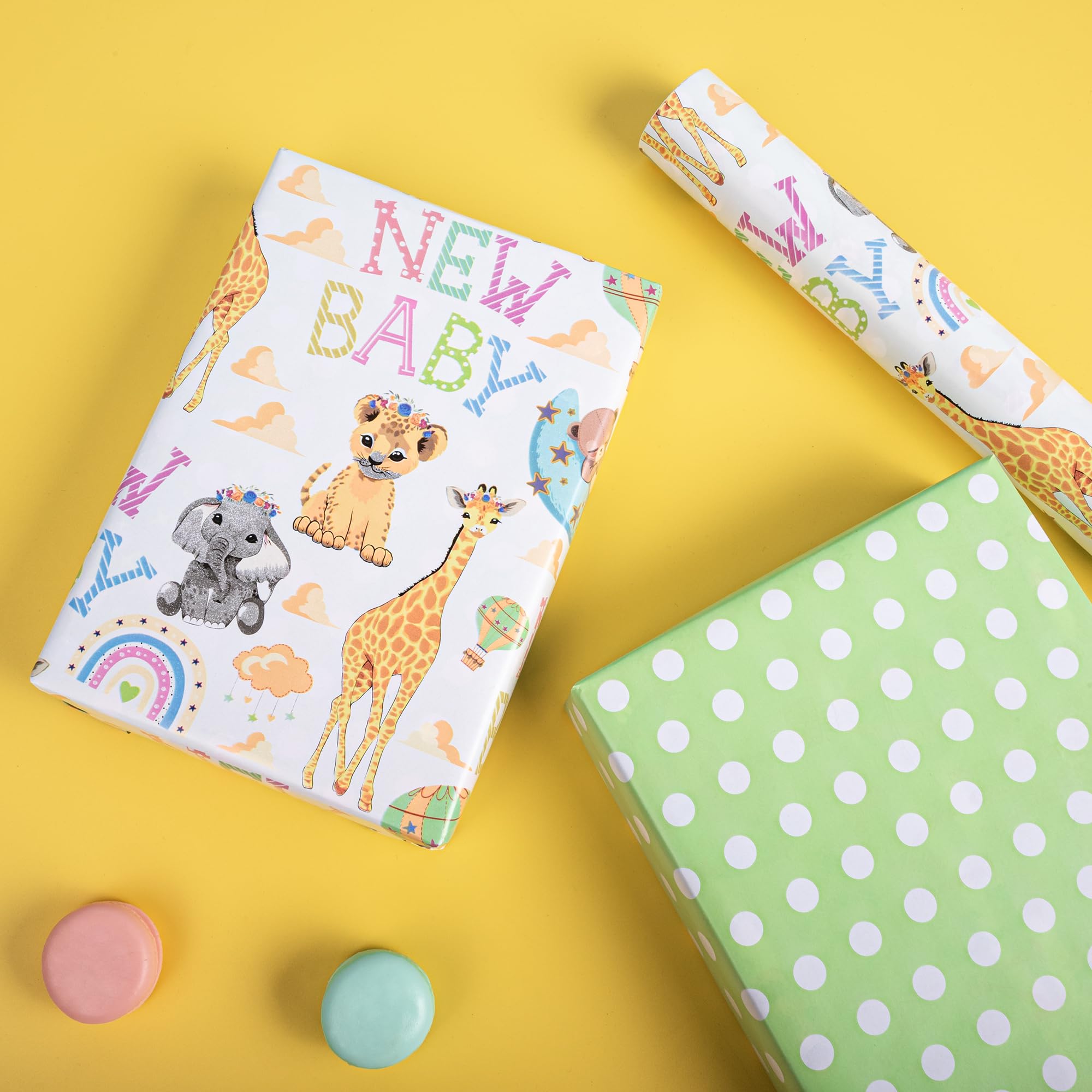 Altarho Papel de regalo reversible para baby shower para niños y niñas, 17 pulgadas x 33 pies, animales de jirafa león y nuevo diseño de bebé para baby shower, fiesta, cumpleaños, vacaciones