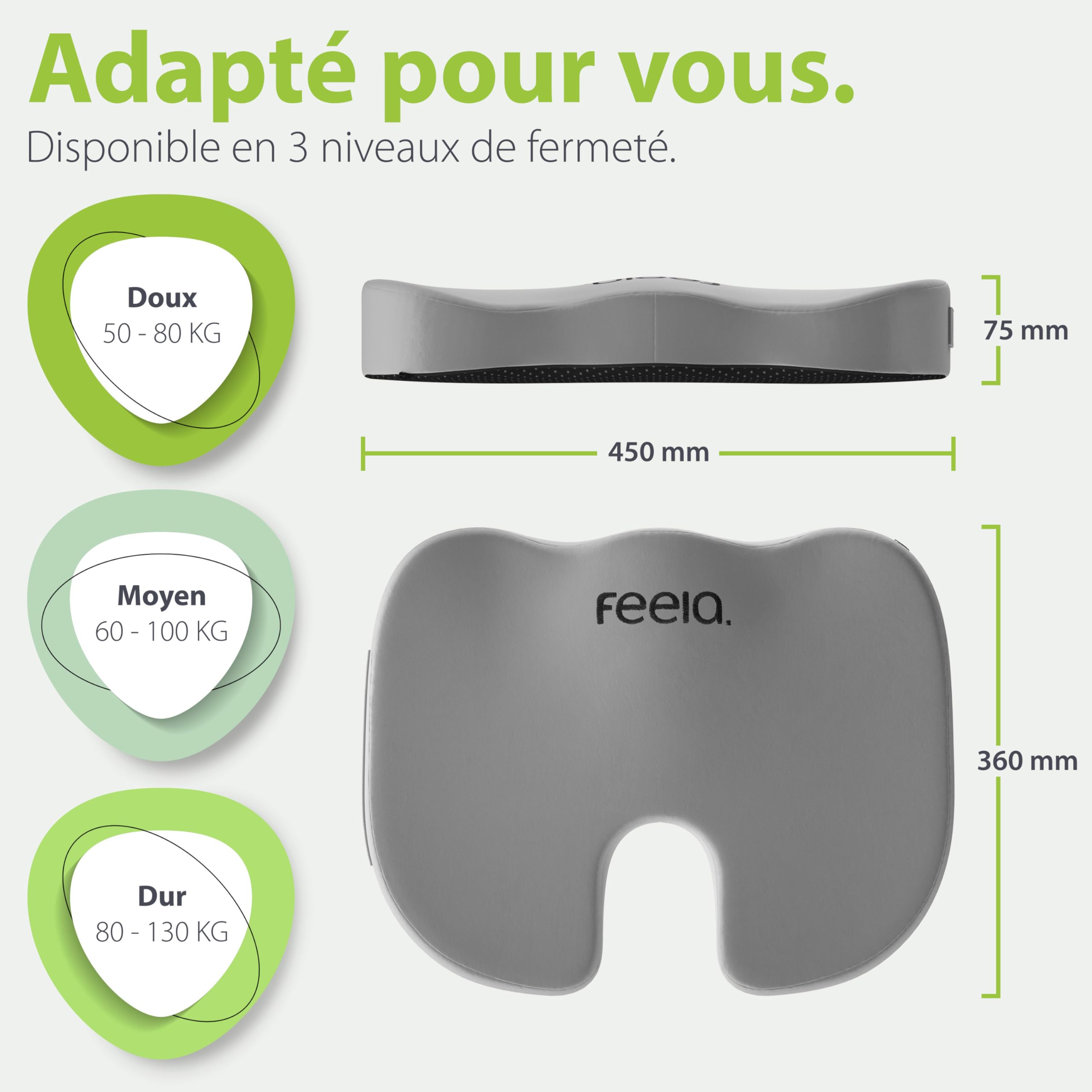 feela.® Coussin de siège orthopédique [3 degrés de dureté] – Coussin de siège Ergonomique pour Chaise de Bureau, etc. – Réduit la Douleur, améliore Le Confort d'assise et soulage Le Coccyx (Moyen)