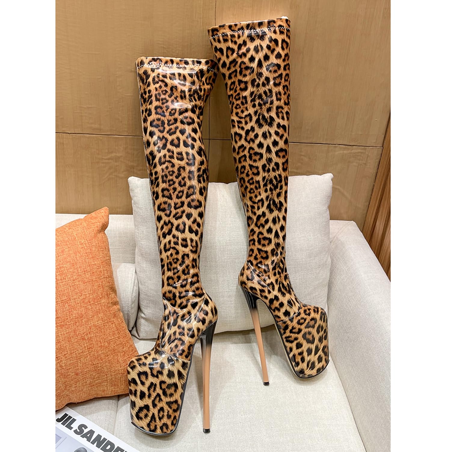 19CM Super Hauts Talons imprimé léopard Stretch Cuissardes en Cuir Verni Sexy fétiche Plate-Forme zippée sur Le Genou Botte Strip-teaseuse Club pôle Chaussures de Danse Grande Taille 36-50