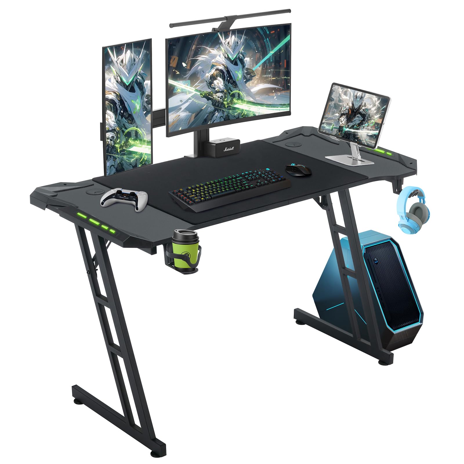 Bureau Gaming, Bureau Gamer LED, Table Gaming, 120x60cm PC Robuste Bureau Informatique Ergonomique avec Porte Gobelet et Crochet pour Casque, LED Table Bureau en Forme de Z Cool