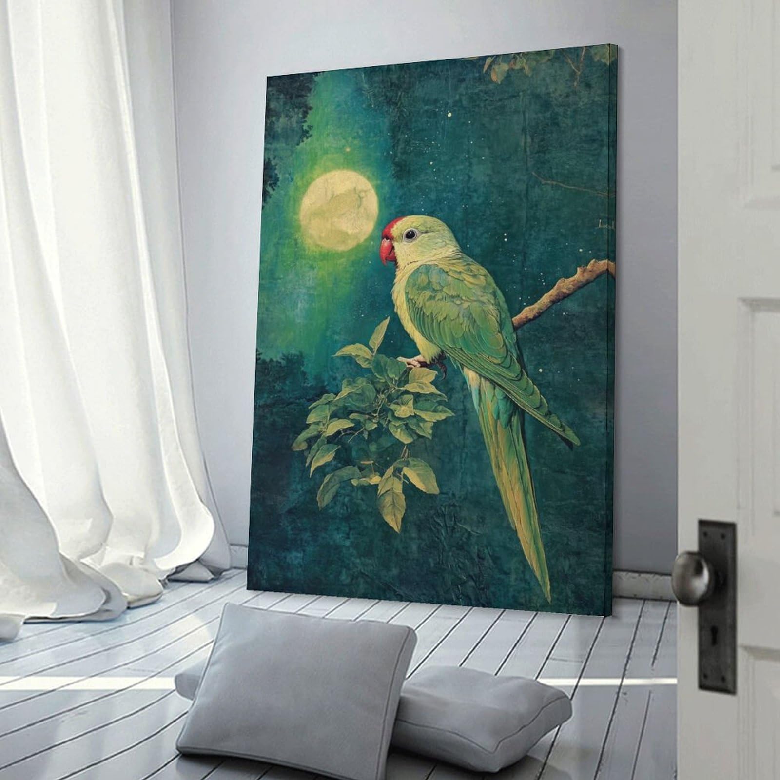 Junmoney Frame-Style-1 Parrot Under Moonlight Canvas Wall Art 24X36inch(60X90cm), For Workspace Walls, Study Corners Or Bedrooms, Wall Art That Adds Style To Work Areas