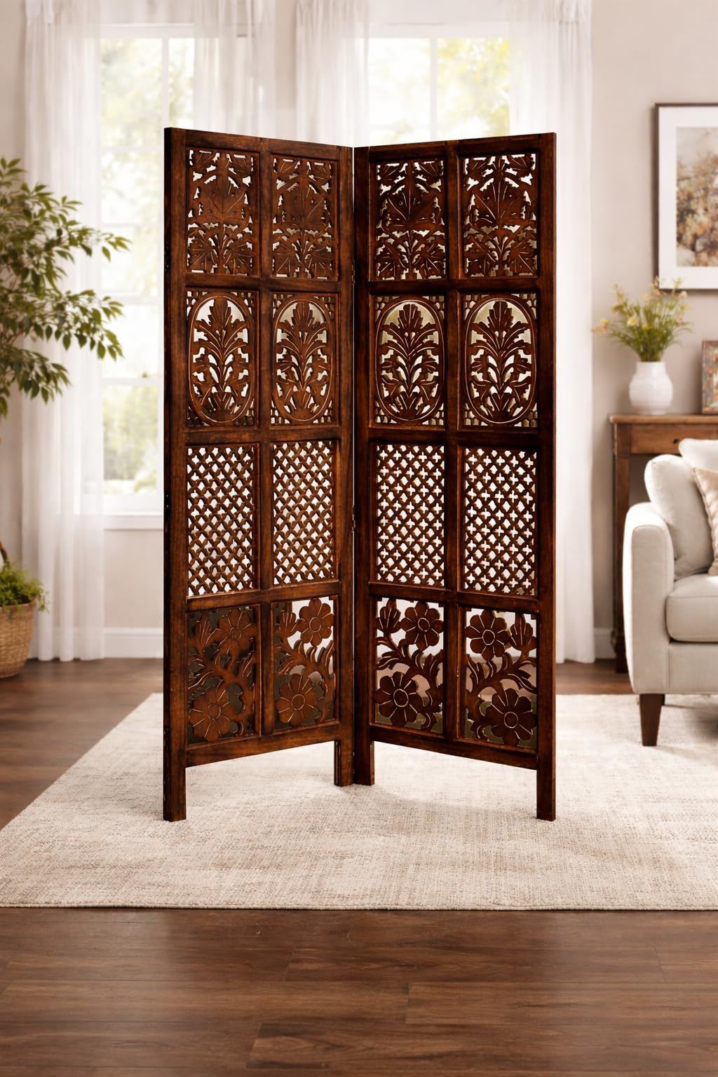 Wooden Room Divider | MDF Privacy Screen Partition | Freestanding Folding Floor Panel | Decorative Carved Handicraft Separator for Living Room, Bedroom & Office (Brown, 5 feet 2 Panels)
