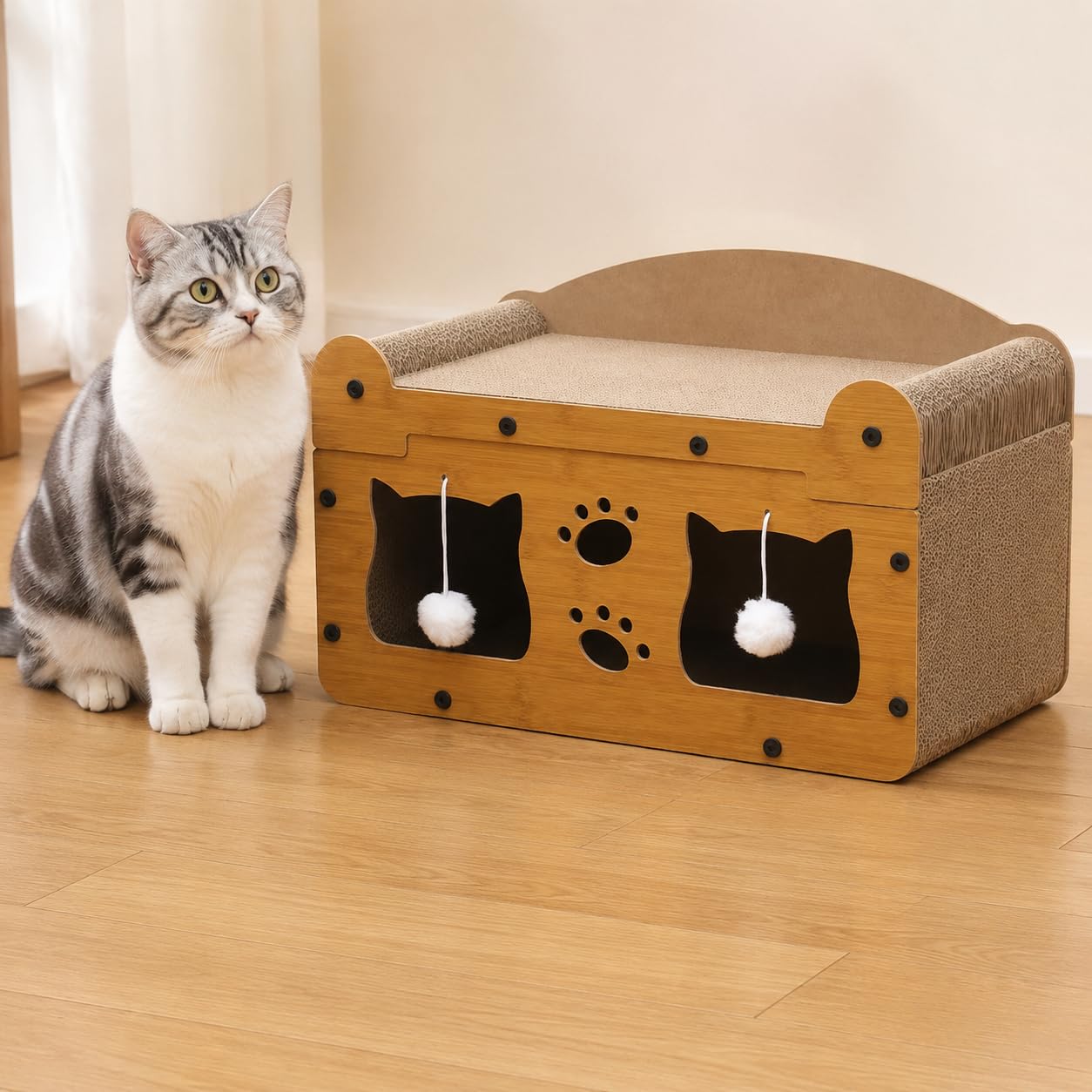 Maison Chat Confortable avec Griffoir pour Chat en Carton, Grattoir Chat et Niche Chat, pour Chats d’Intérieur, Style to 2, Moyen : 51 × 27 × 30 cm