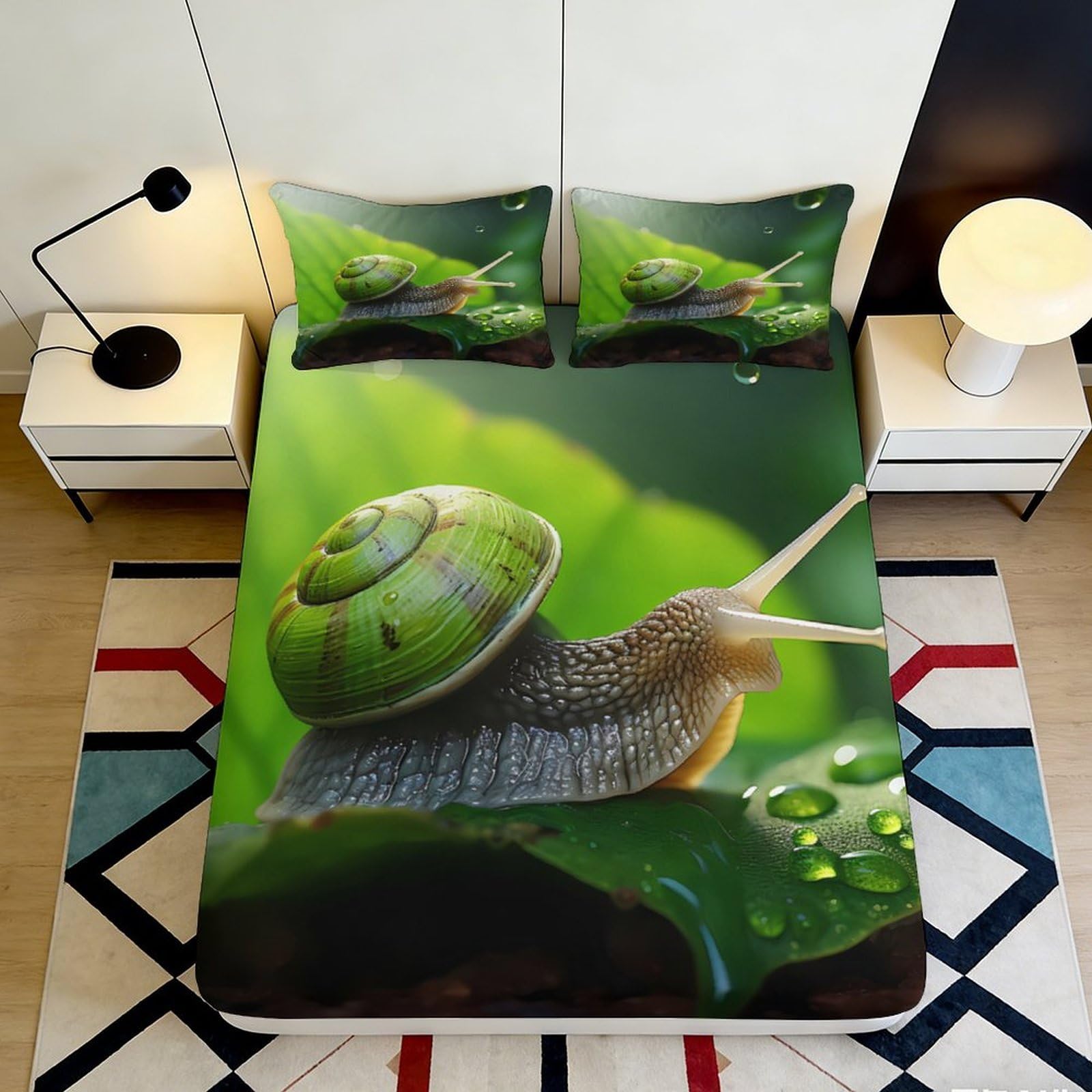 3D Printed Snail Leaf Fitted Sheet Microfiber Soft Non-Slip Nature Green Bed Cover for Bedroom Guest Room Decor 90x200x25cm