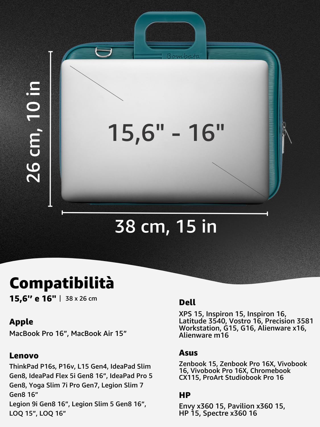 Bombata Wave - Borsa Porta Computer con Tracolla, Elegante e Funzionale, Unisex, 100% Vegan, per Professionisti e Studenti, Blu Acqua - 15.6/16 Pollici