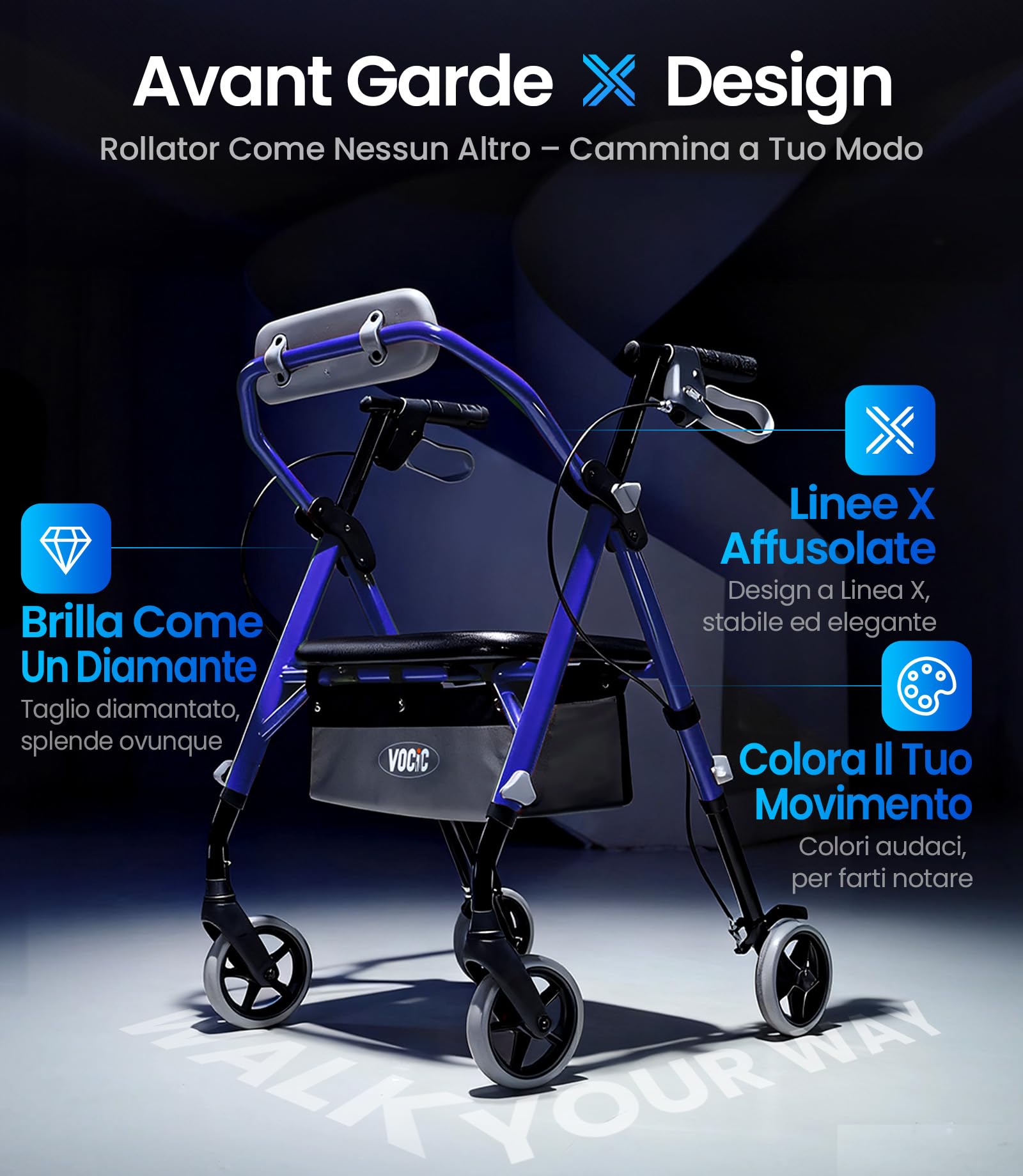 VOCIC Deambulatore pieghevole e leggero con seduta, 6,3 kg ultraleggero | Deambulatore per anziani, max 150 kg, sedile ergonomico, altezza regolabile, walker stretto per casa & viaggi, blu