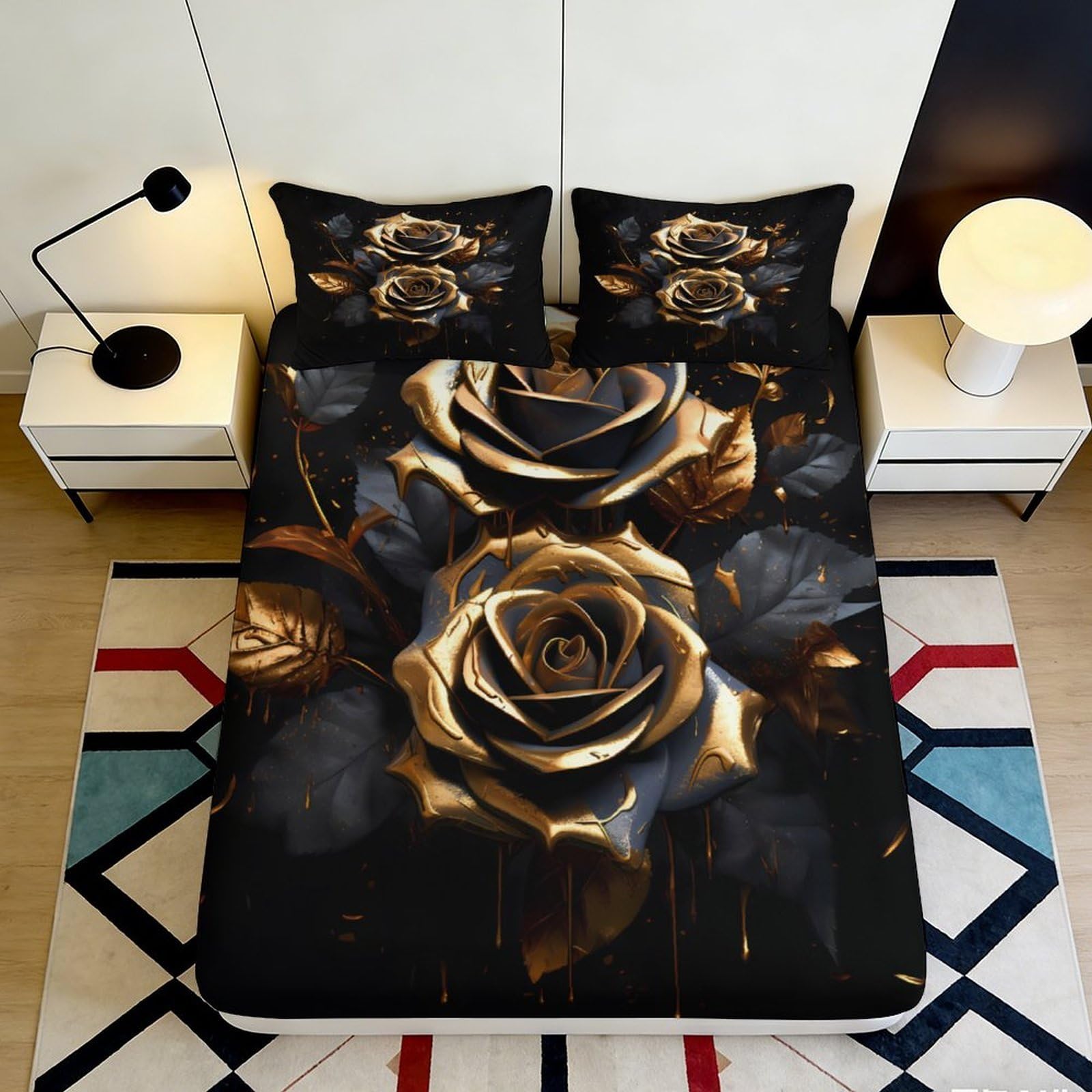 3D Printed Golden Rose Fitted Sheet Microfiber Deep Pocket Full Wrap Bedroom Bedding Golden Rose Mattress Fitted Cover Washable for All Ages 90x200x25cm