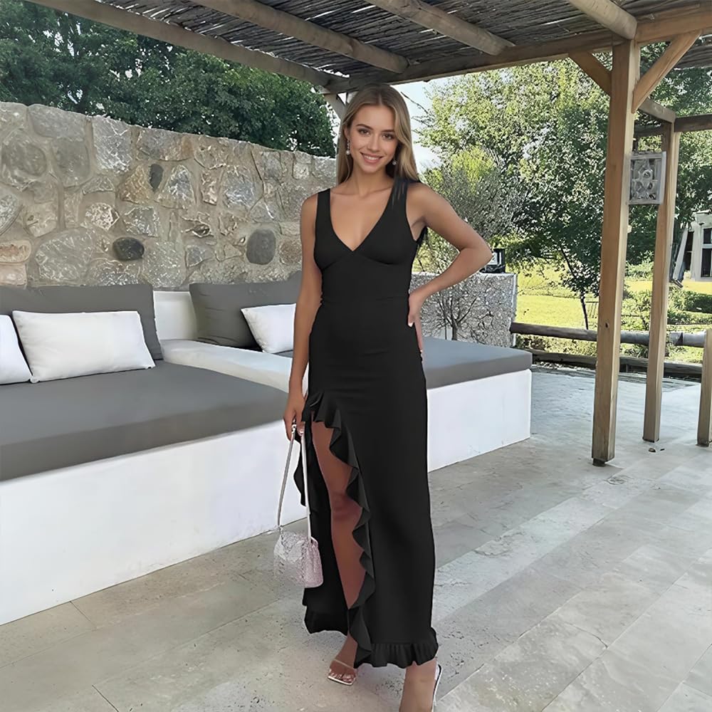 Vestido Mujer Maxi sin Manga con Cuello V Rajado Verano Elegante Volante Dobladillo Maxivestido para Cóctel Fiesta Noche(Negro/S)