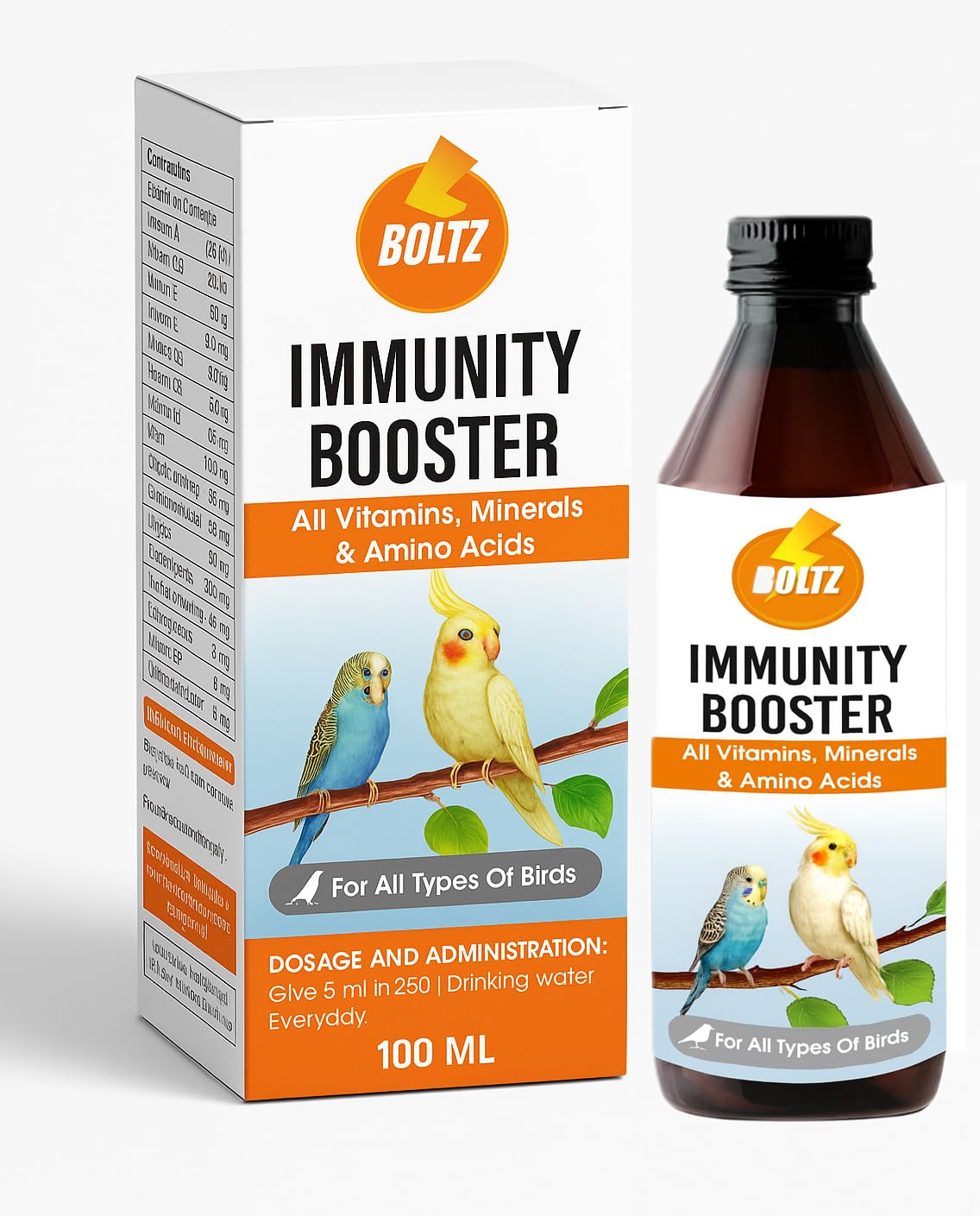 BOLTZ Immunity Booster for All Birds for Healthy Growth with Essential Vitamins, Minerals and Amino acids-100ml, transperent, Small