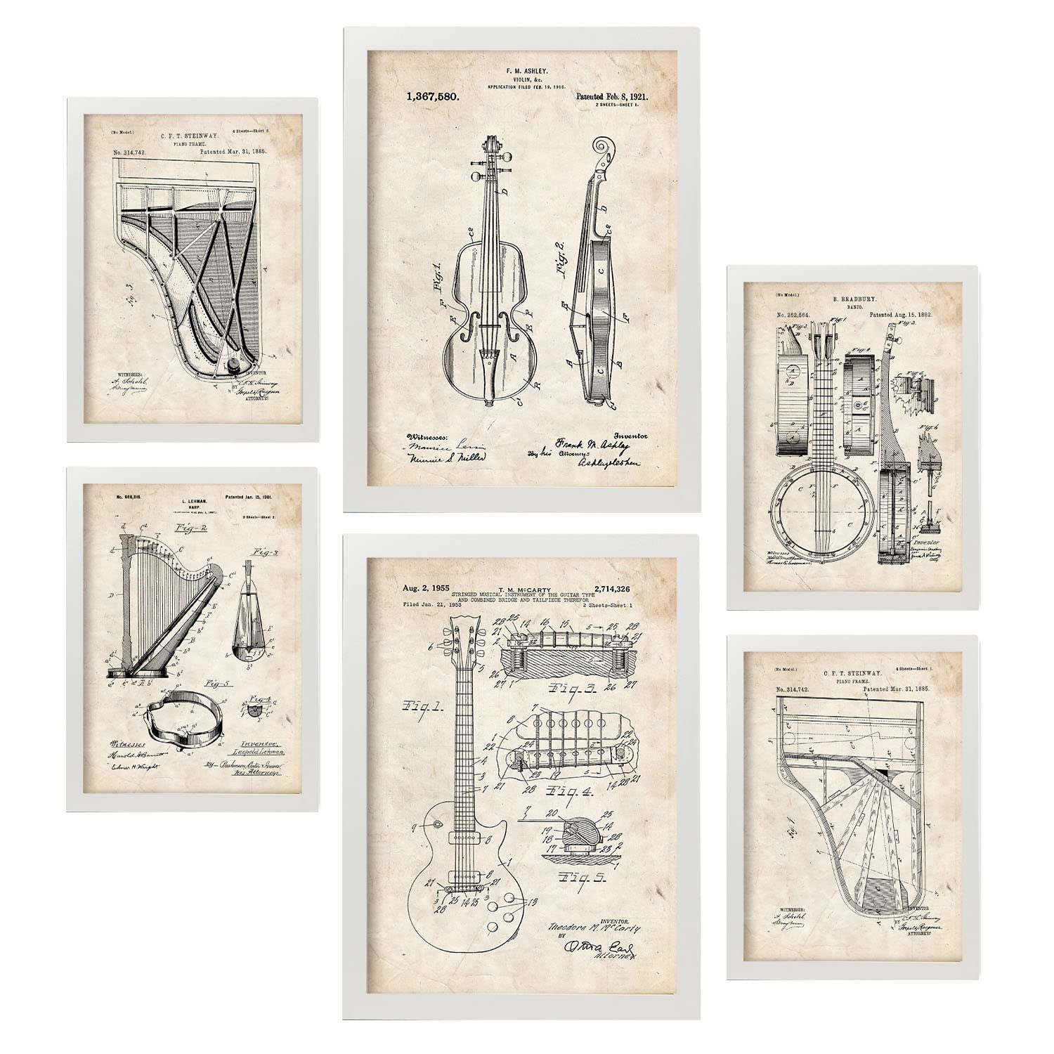 Nacnic Set of 6 String Instrument patent prints. Posters with retro patent illustrations for your home, shop, office... Vintage style interior decoration. A4 and A3 sizes. No frame.