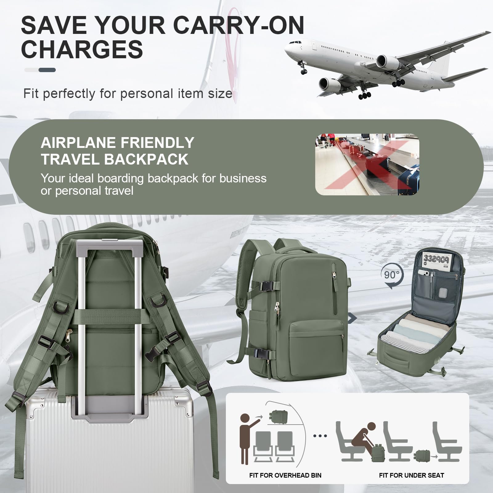 Zaino da Viaggio per Ryanair 40x20x25 Bagaglio a Mano Zaino Borse da Cabina per Ryanair Il Sedile Zaino Aereo Bagaglio a Mano Donna Borsa Cabina Viaggio Zaino Viaggio Casual Daypack,verde militare