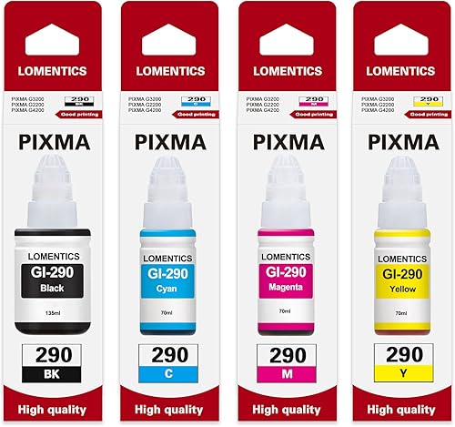 GI-290 - Botellas de tinta (4 unidades, negro cian magenta amarillo) - Lometic GI290 GI-290 repuesto de repuesto de tinta para impresora PIXMA G3200