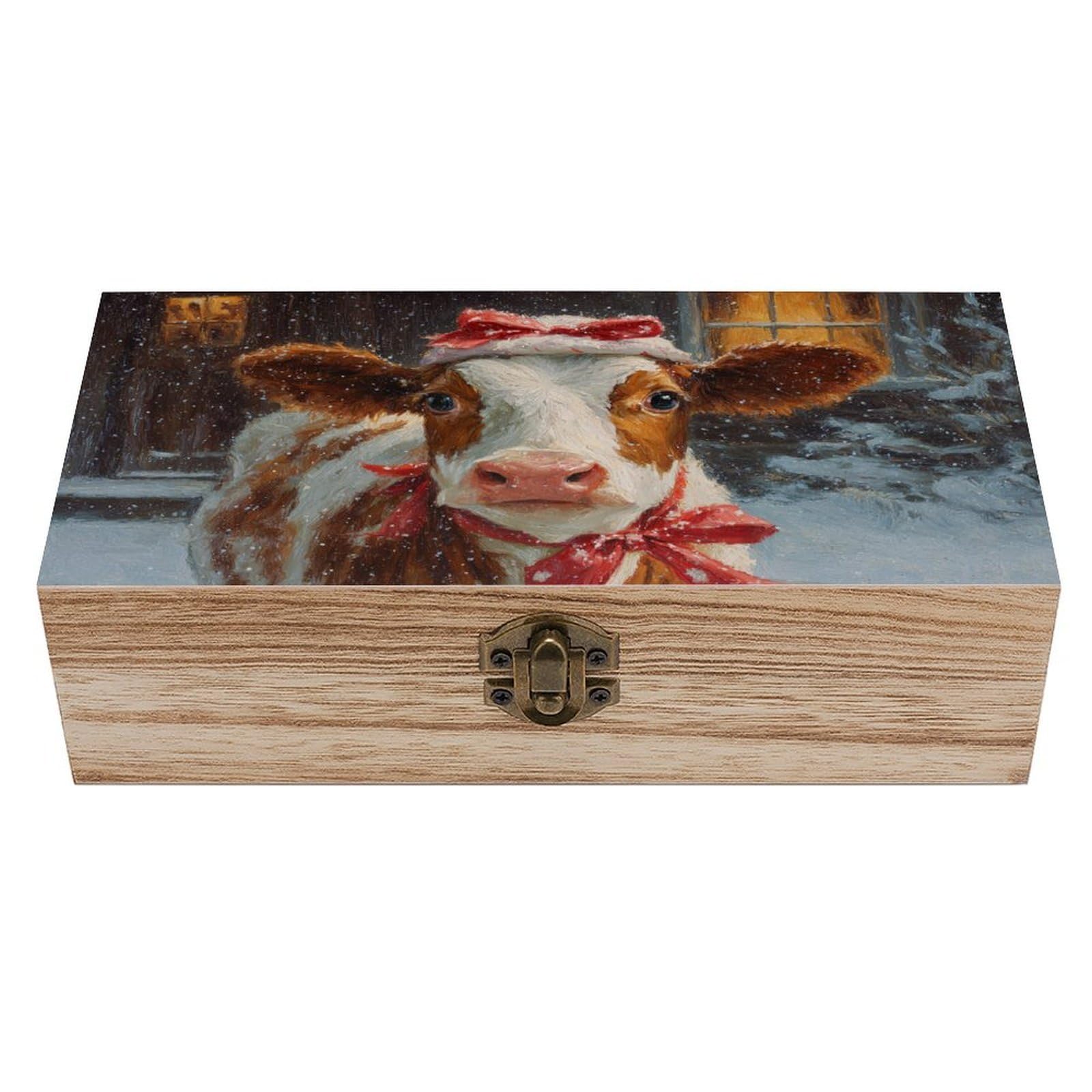 Ahdyr White And Brown Cow Wooden Storage Box with Hinged Lid And Front Clasp Large Keepsake Box