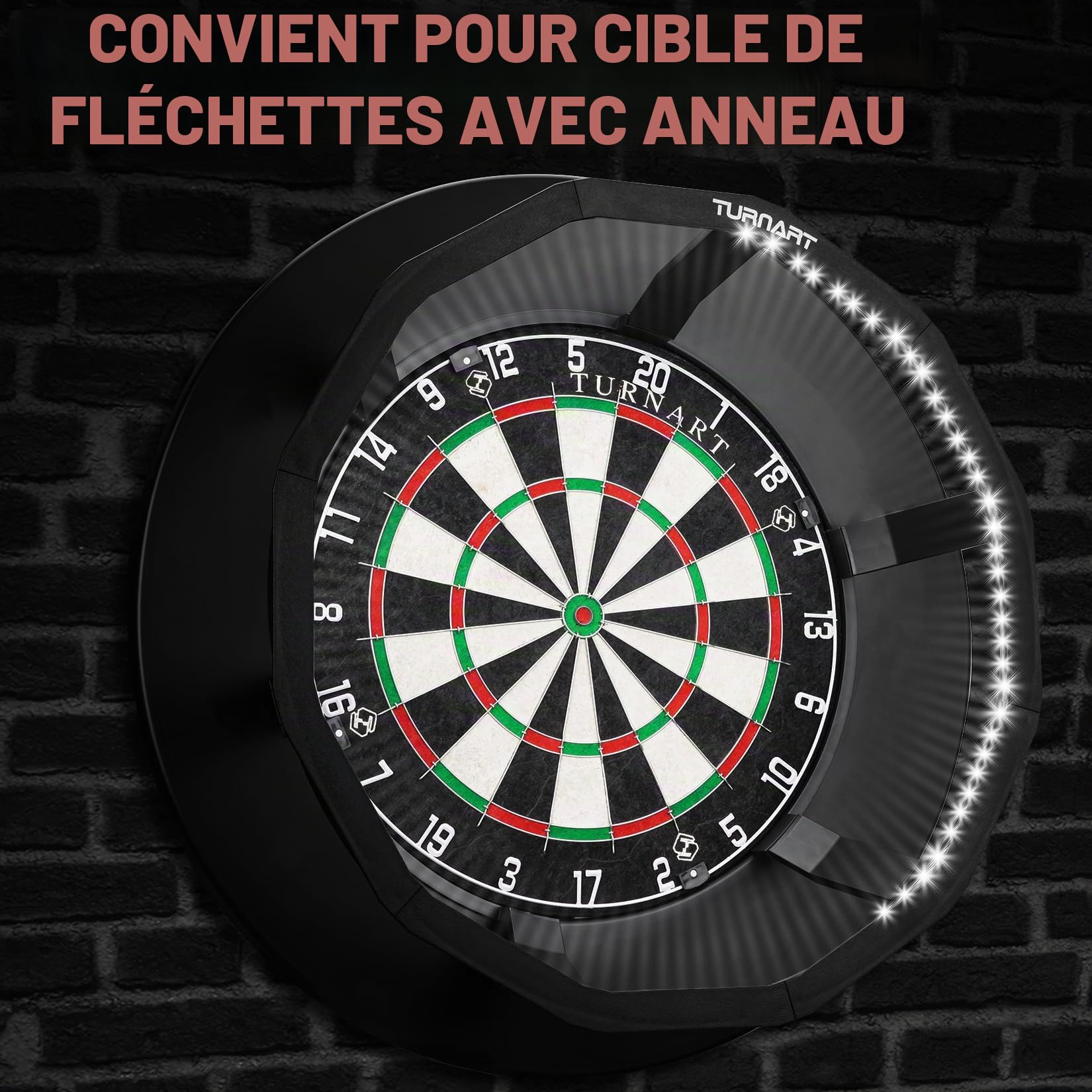 Turnart Cible de fléchettes - Éclairage 360° - Pour cible en acier - 90 LED - Noir - Polypropylène (PP) - Pour salon ou bar