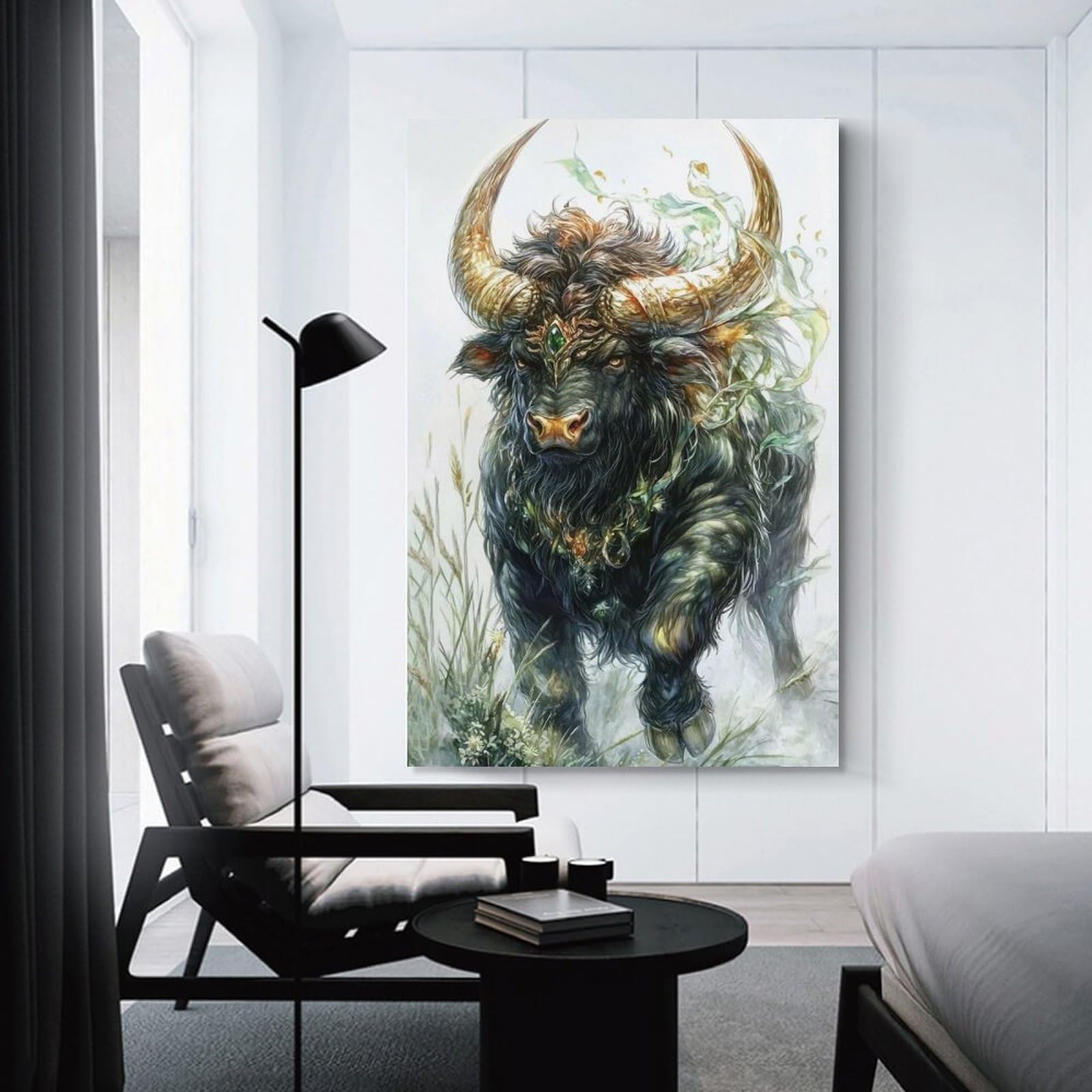 Junmoney Decorative Canvas Print Mythical Black Bull, 24x36inch(60x90cm), for Home Office, Desk Area Or Studio, Home Office Artwork with Decorative Appeal