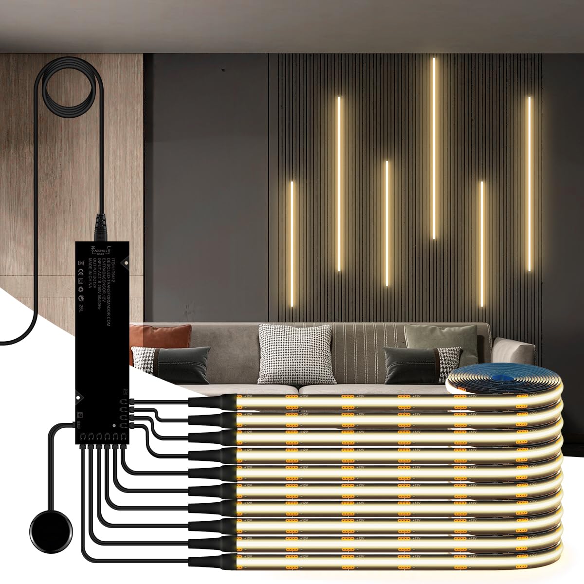 lampada da armadio nera striscia LED COB | 10 pezzi dimmeraggio touch adatto per vetrine scaffali vino e illuminazione pareti di sfondo (luce bianca naturale, 3 m)