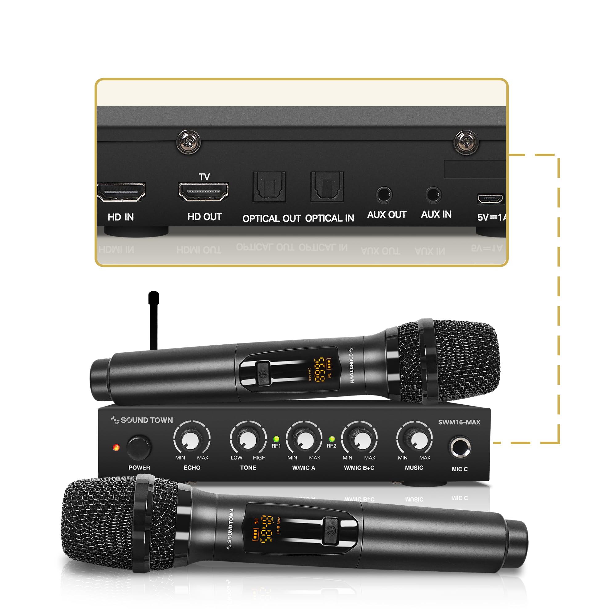 Sound Town Wireless Microphone Karaoke Mixer System with HD Audio Return Channel, Optical (Toslink), AUX, Supports Smart TV, Media Box, PC, Bluetooth, Soundbar, Receiver (SWM16-MAX)