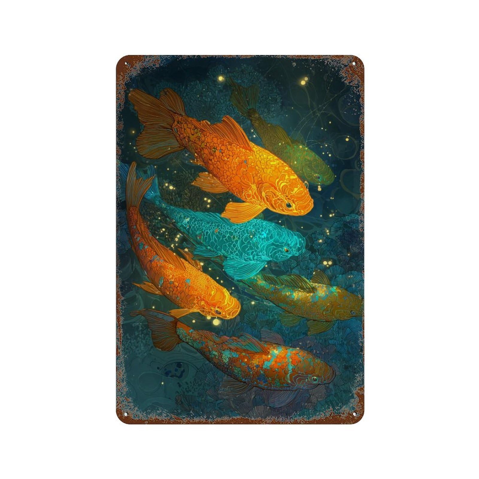 Colorful Koi Fish Swimming-1 Rust Effect Tin Sign 11.8"x7.9", Vintage Wall Decor for Pub, Kitchen And Man Cave Decor
