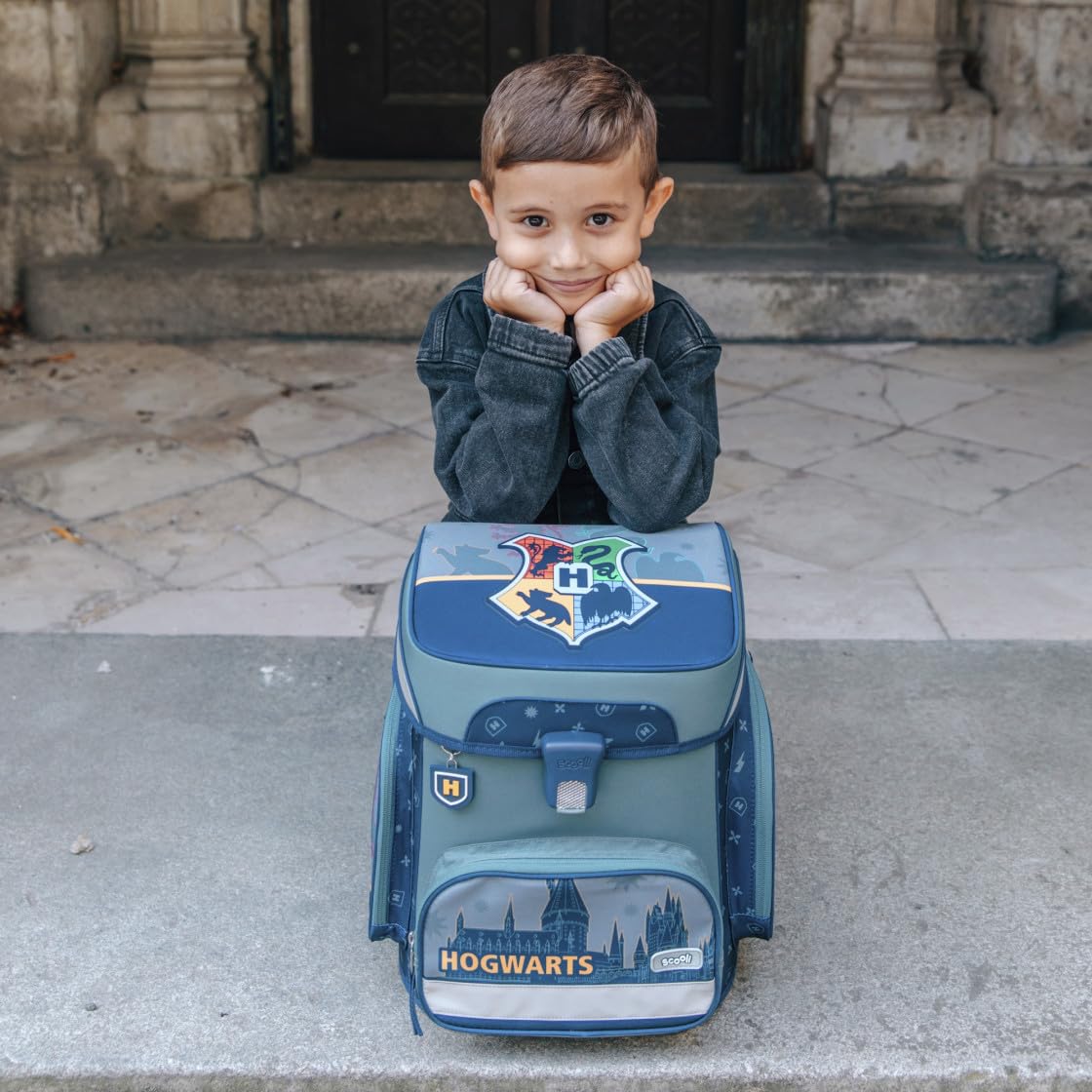 Juego de mochila escolar Harry Potter de 5 piezas para niños y niñas de 1ª clase, con contenido personalizado, mochila escolar con bolsa de deporte, estuche para escuela primaria, Harry Potter (Gris)
