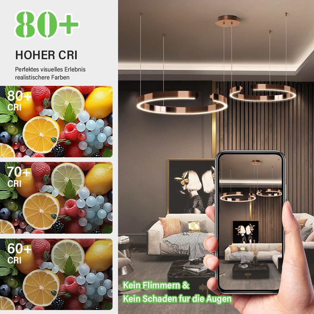 Moderne Hängelampe Ring LED-Pendelleuchte Tisch Esstisch Minimalistisches Hängeleuchte For Wohnzimmerlampe Aluminium Esszimmer Höhenverstellbar Lampen Rose Gold(40+60cm)