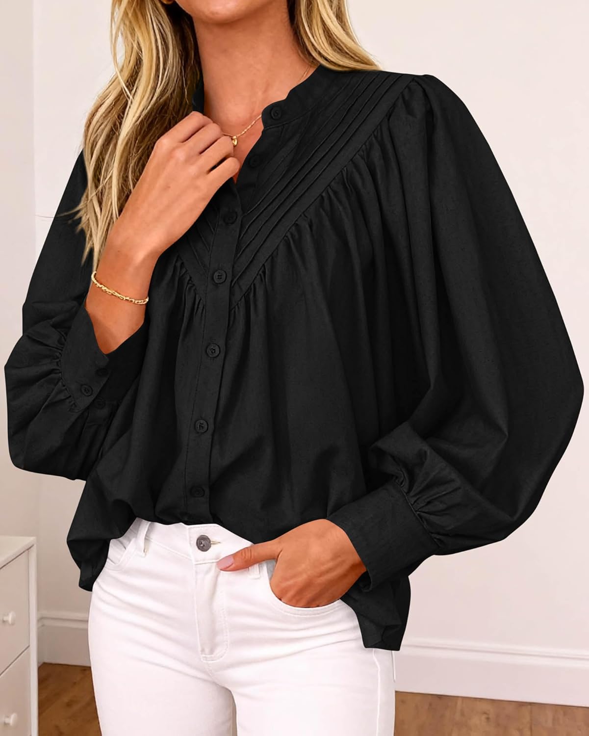 KIRUNDO Blouses for Women Dressy Casual Fashion Clothing Long Sleeve Shirts Loose Fit Button Down Pleated Boho Going Out Tops