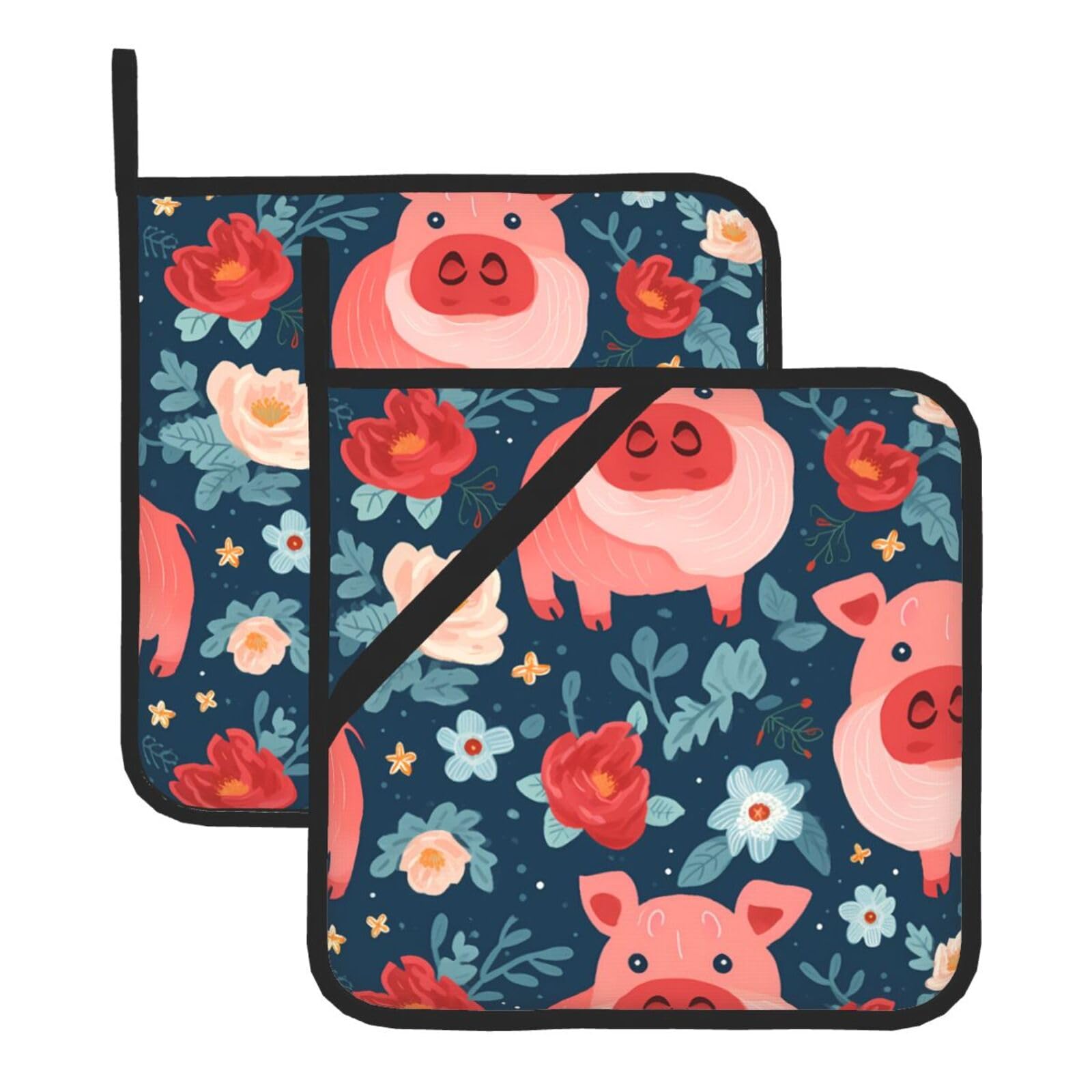 HJFCZH Flower Pig Printed Square Insulated Pot Mat Set (2-Piece) 8x8in Waterproof, Thickened & Easy to Clean with Lanyard Design for Kitchen, Oven & BBQ