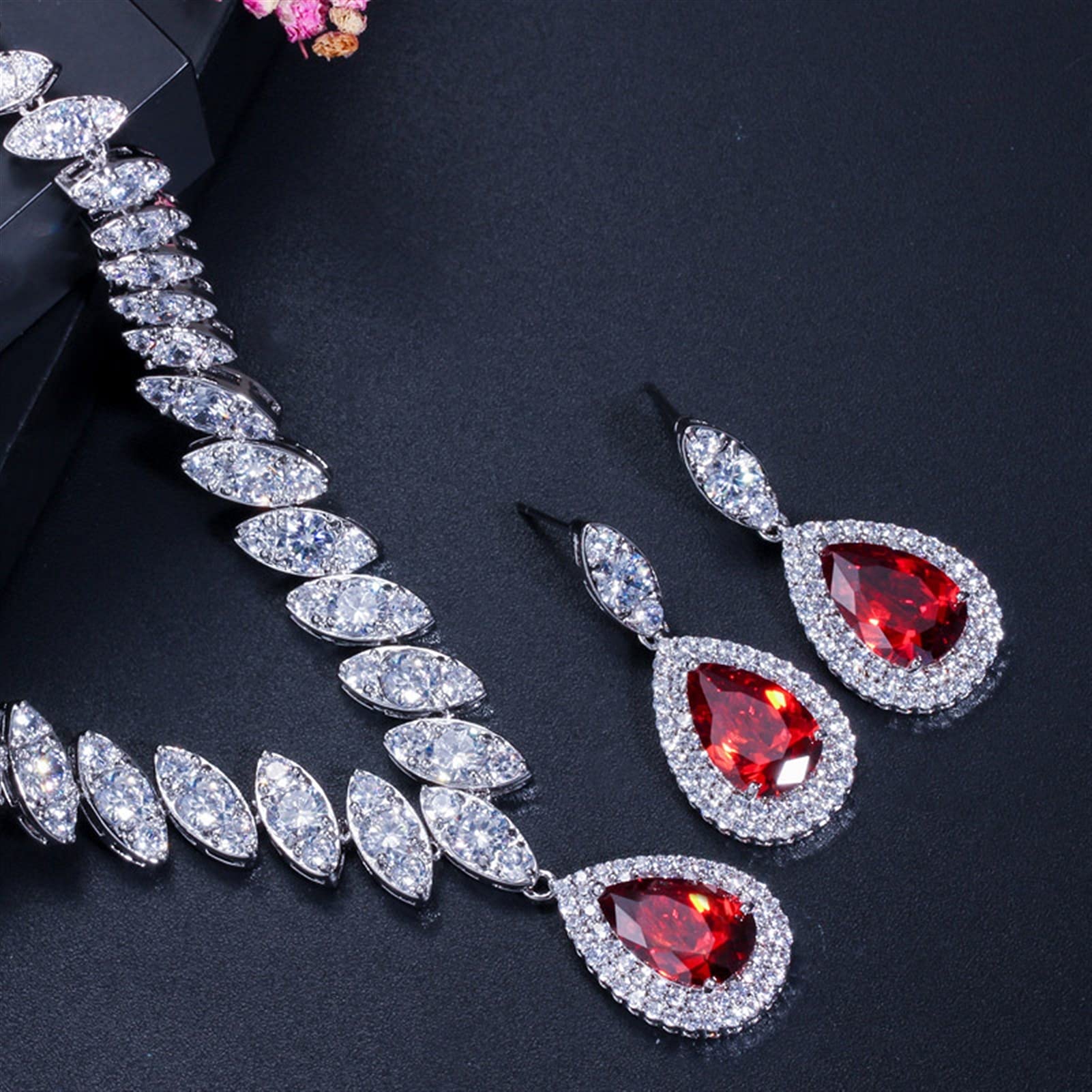 Conjuntos de joyería nupcial de gota de agua y zirconia roja para bodas 6