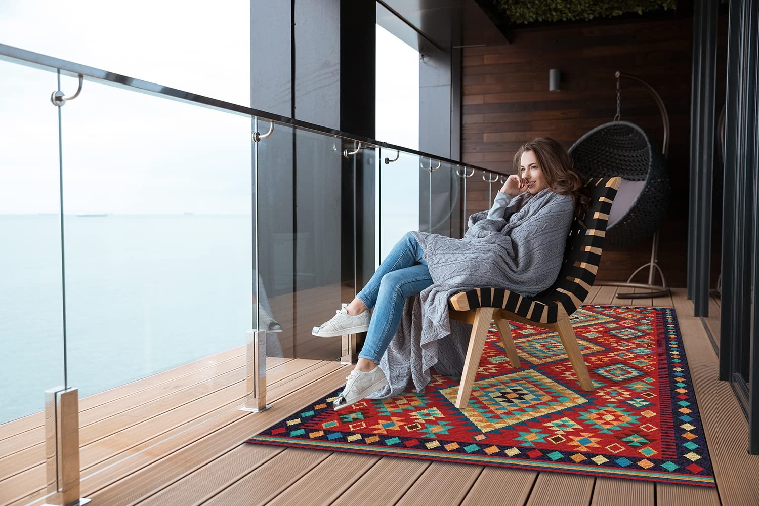 Decormat Tapis Vinyle Le Jardin 60x90cm Rouge de Terrasse PVC de Sol Lino Linoléum sur Balcon Étanche Extérieur - Triangles rétro