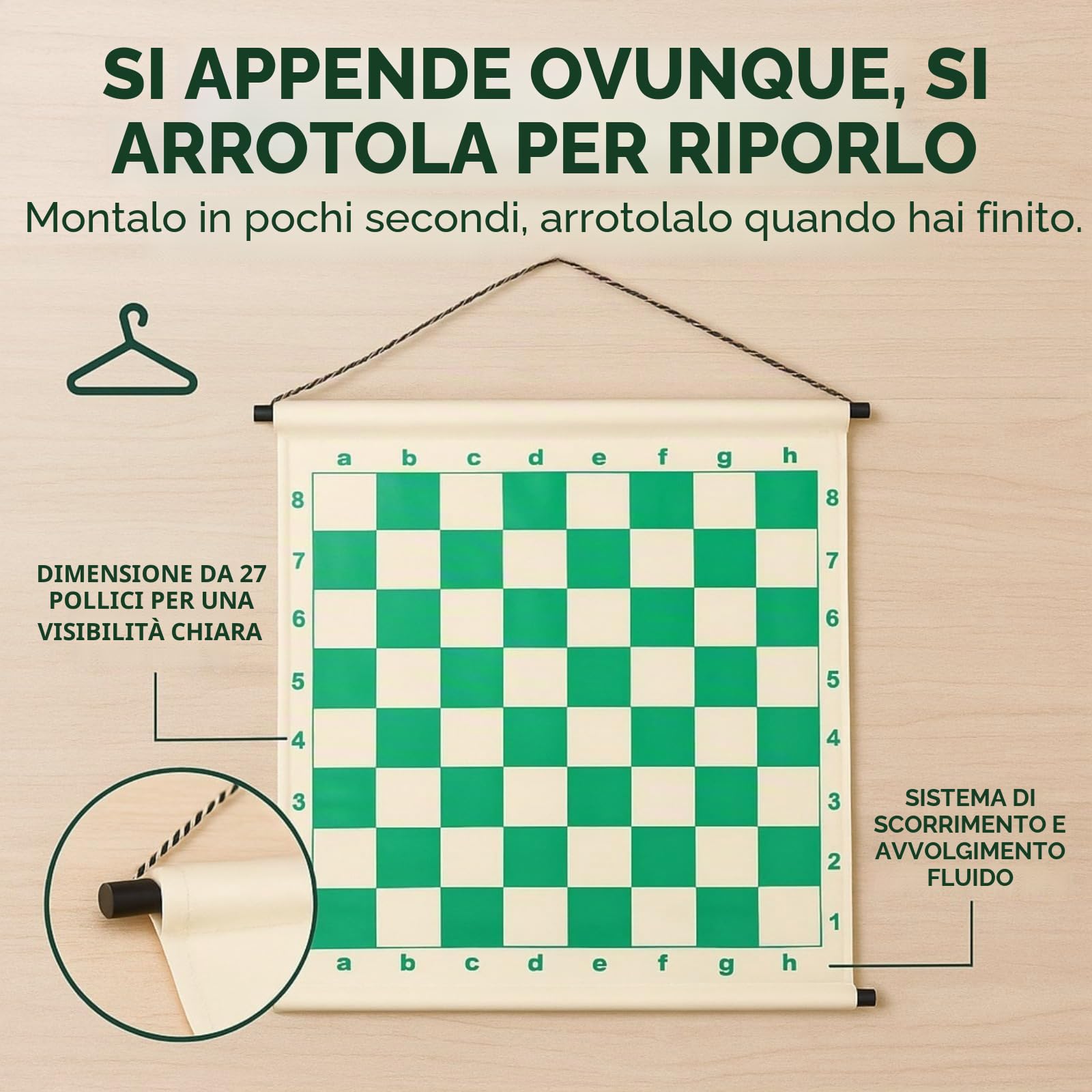 KD Willmax Scacchiera da appendere alla parete con pezzi magnetici | Espositore arrotolabile da 68,6 cm