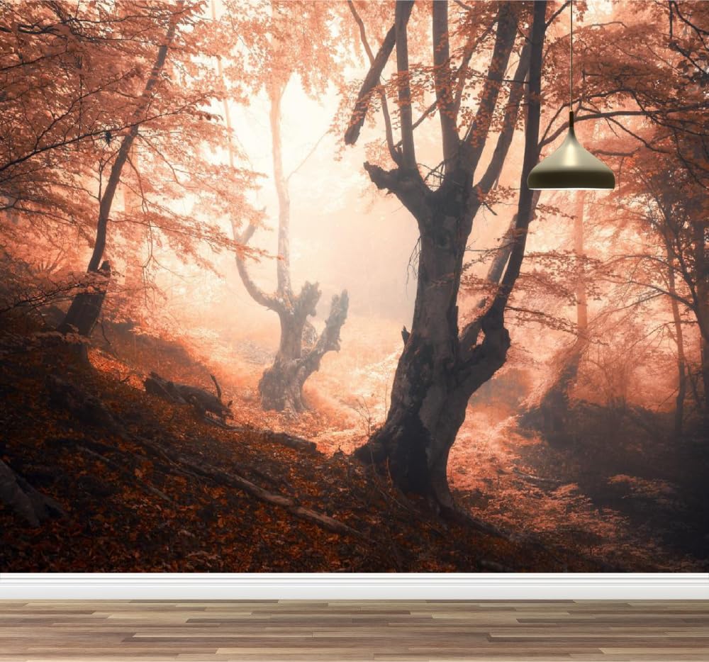Mural de pared para dormitorio Árboles Del Bosque Otoño Vinilos de pared autoadhesivos grandes Niebla Póster para sala de estar habitación infantil fondo de TV 200x140cm