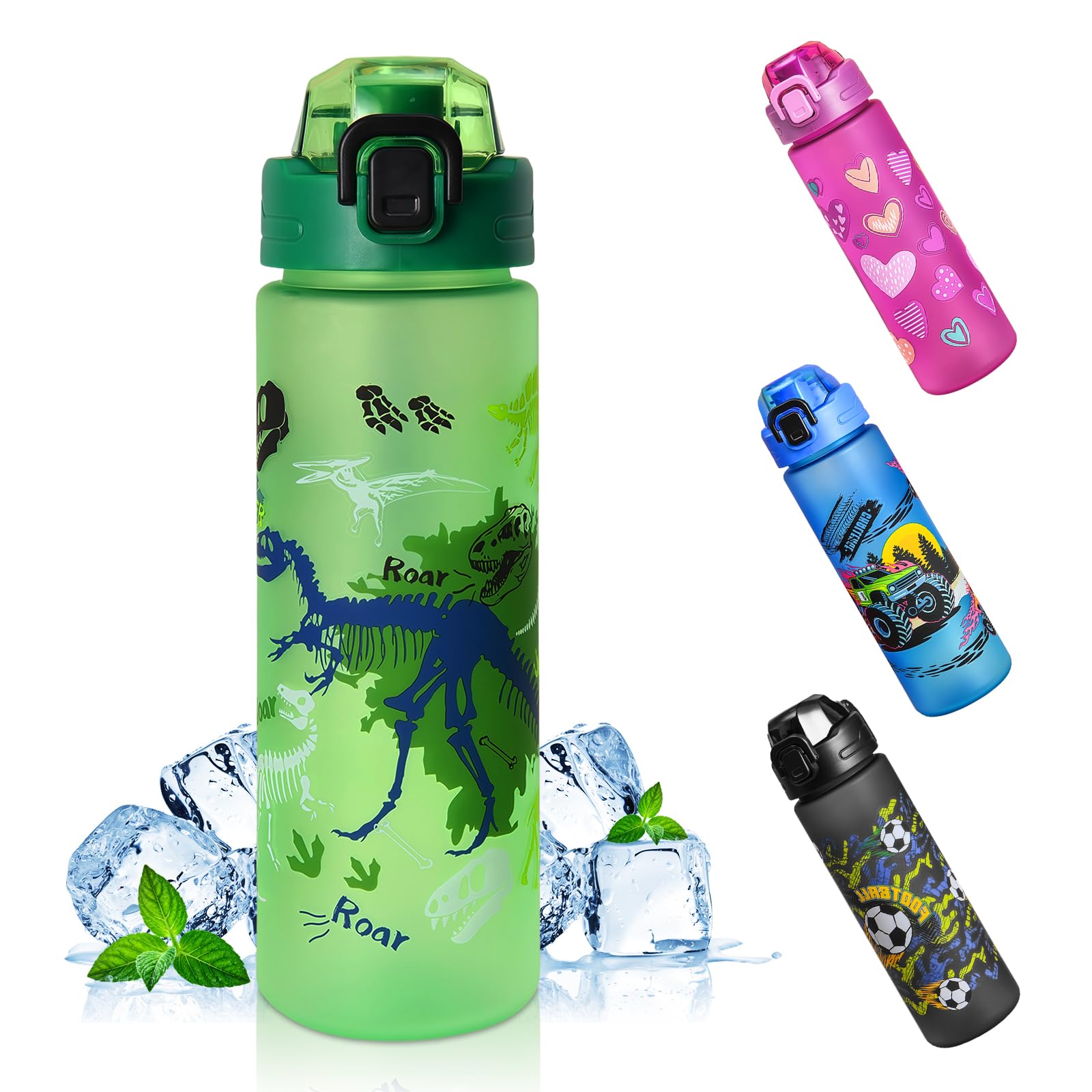 AMFUN 700ML Kids Water Bottles, BPA-Free, Sports Water Bottle, One-Touch Opening for Office, Gym, Sports, Outdoor, Hiking, Fitness, Cycling, School (Green-Dinosaur)
