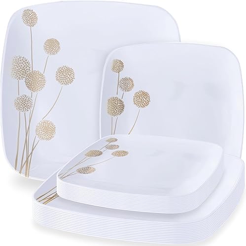 Blue Sky Platos cuadrados de diente de león de plástico dorado y blanco, paquete combinado de 7.25 y 10 pulgadas, 32 unidades, vajilla desechable,