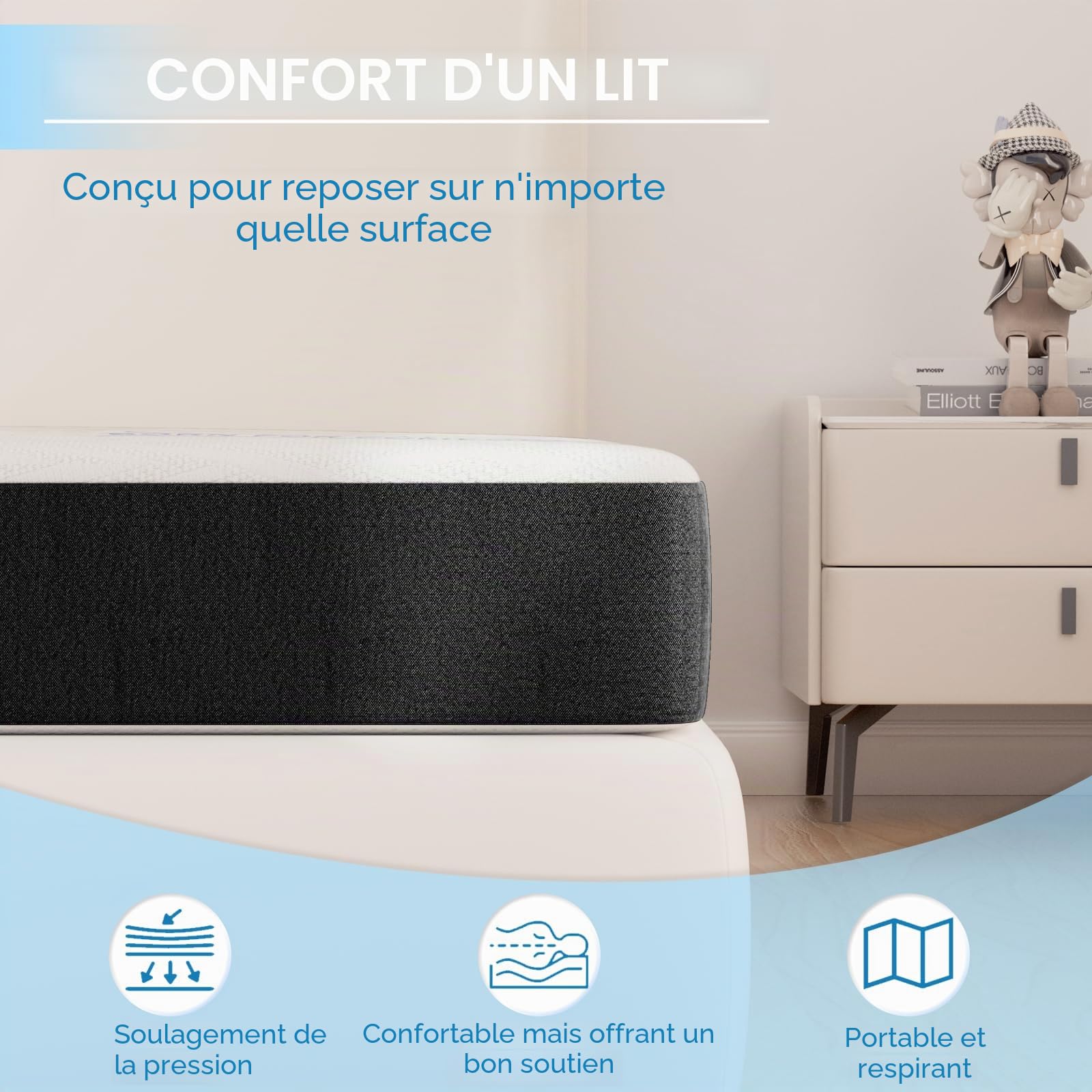 wowttrelax Matelas Pliant Double, Matelas de Sol Pliable 10 cm Lit Double, Pliage en 4 Rangement Facile Avec Housse Lavable et Soulagement de la Pression pour Camping, Caravanes, Invités (135x190x10cm