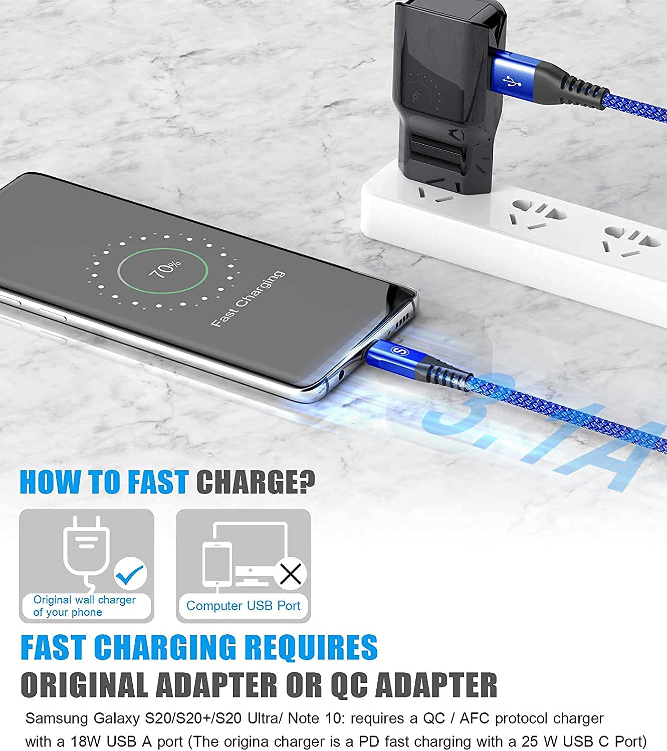 Cavo USB C 2 pezzi 1m, Cavo USB tipo C di ricarica in nylon tipo C, per Samsung Galaxy S10 S9 S8 Plus, Note10, Note9, M31, M20, A20e, A71, A51, A50, A40, A10e, A7, Mi9, Mi8,Redmi 8 Pro,LG.G7