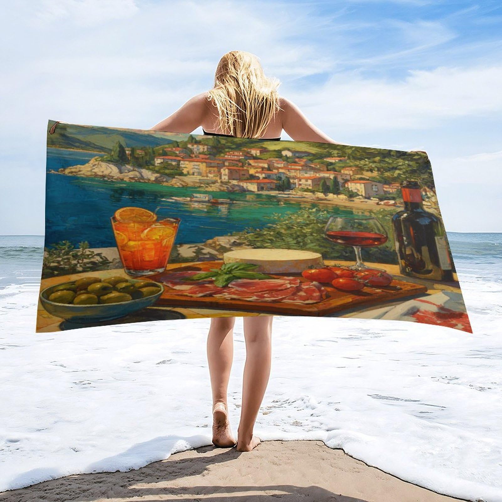 Luyysky Beautiful Romantic Wine Glass Quick-Drying Beach Towel, Retro Oil Painting Italian Food Theme Nautical Coastal Country Travel Vacation Single Sided Pile Bathroom Towels-80 W Cm X 160" L Cm