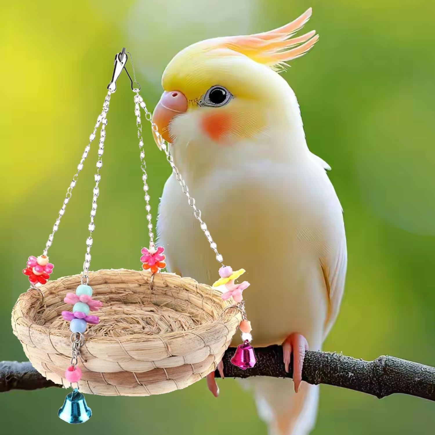 DVOFU Parrot Nest Bird Parrot Toy Natural Rattan Nest Straw Nest Bed Swing with 4 Metal Bells for Lovebird Finch Canary Budgie - Image 3