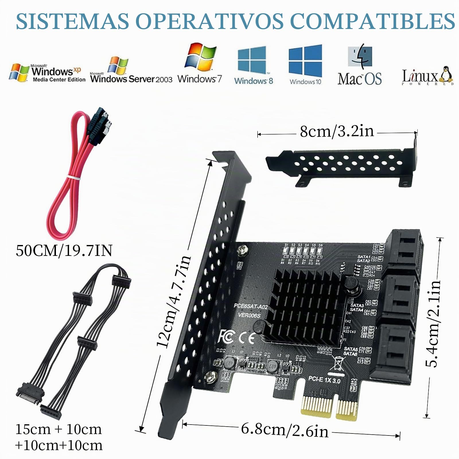 Tarjeta PCIe 1X a SATA 6 Puertos 6Gbps Controlador para SSD/HDD | Expansión SATA 3.0, compatible Windows XP/7/8/10/Linux, instalación sencilla plug-and-play